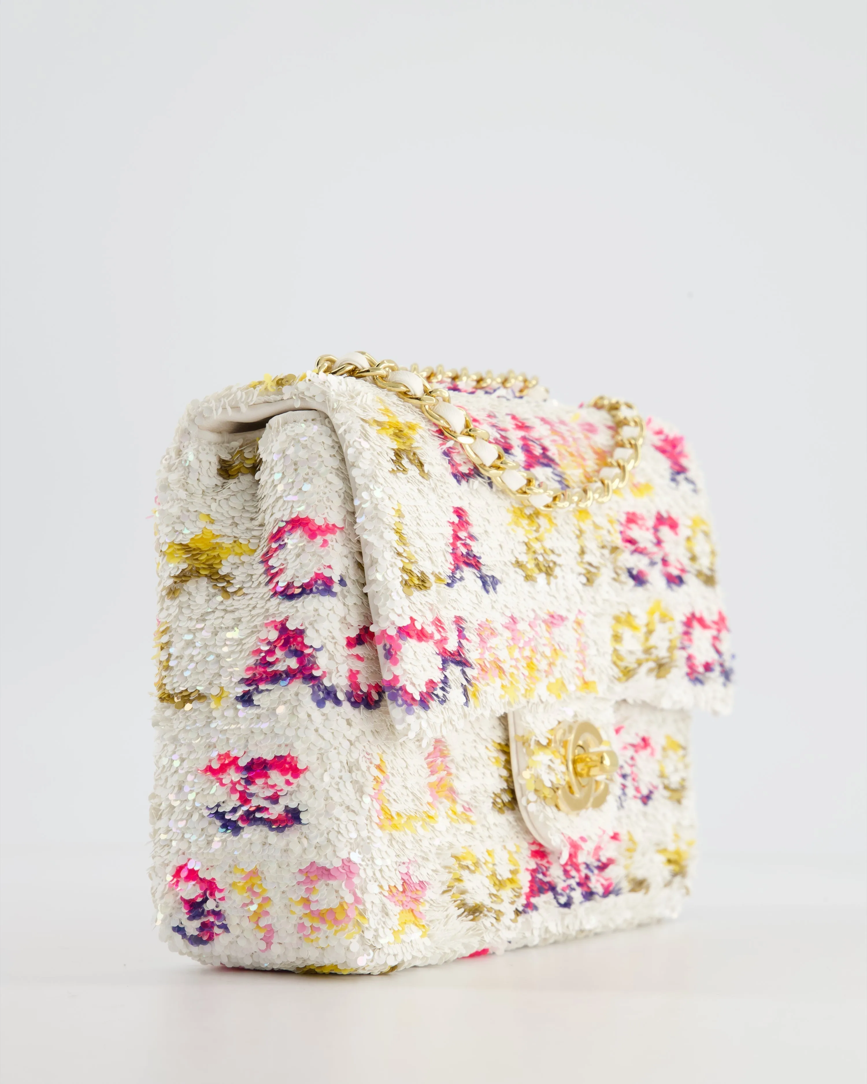 & CURRENT SEASON* Chanel Cruise 2024 White, Yellow, Pink and Blue Sequin Small Flap Bag with Gold Hardware