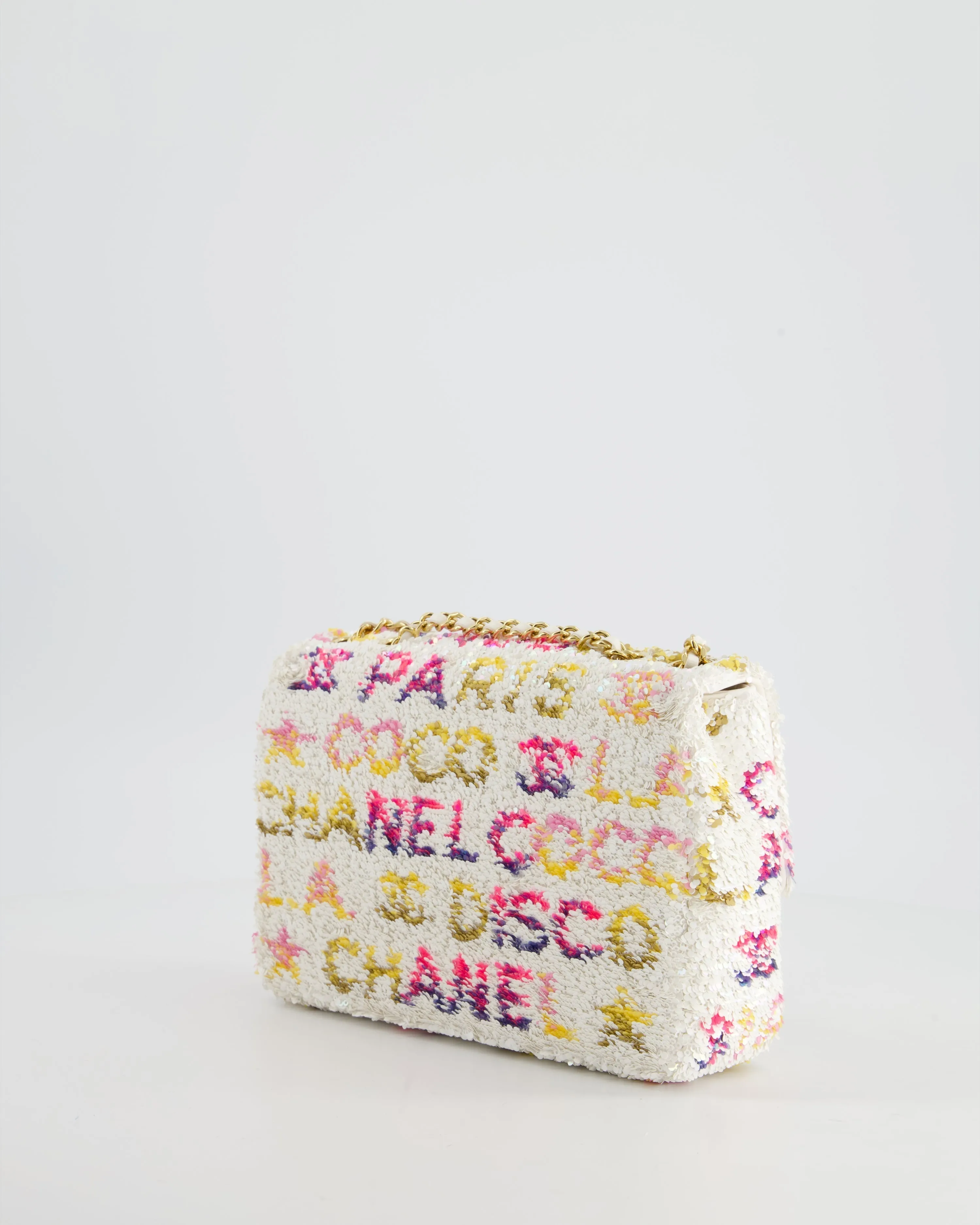 & CURRENT SEASON* Chanel Cruise 2024 White, Yellow, Pink and Blue Sequin Small Flap Bag with Gold Hardware