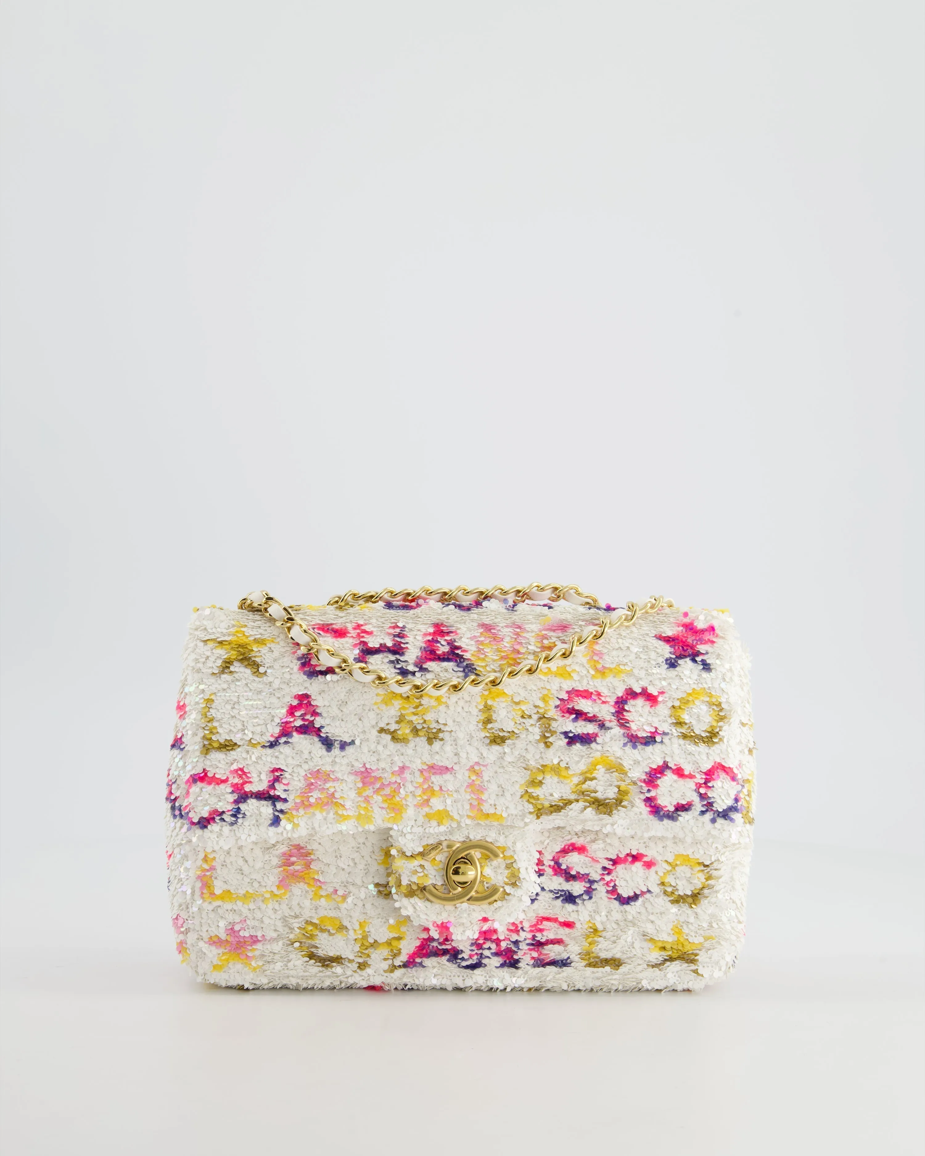 & CURRENT SEASON* Chanel Cruise 2024 White, Yellow, Pink and Blue Sequin Small Flap Bag with Gold Hardware