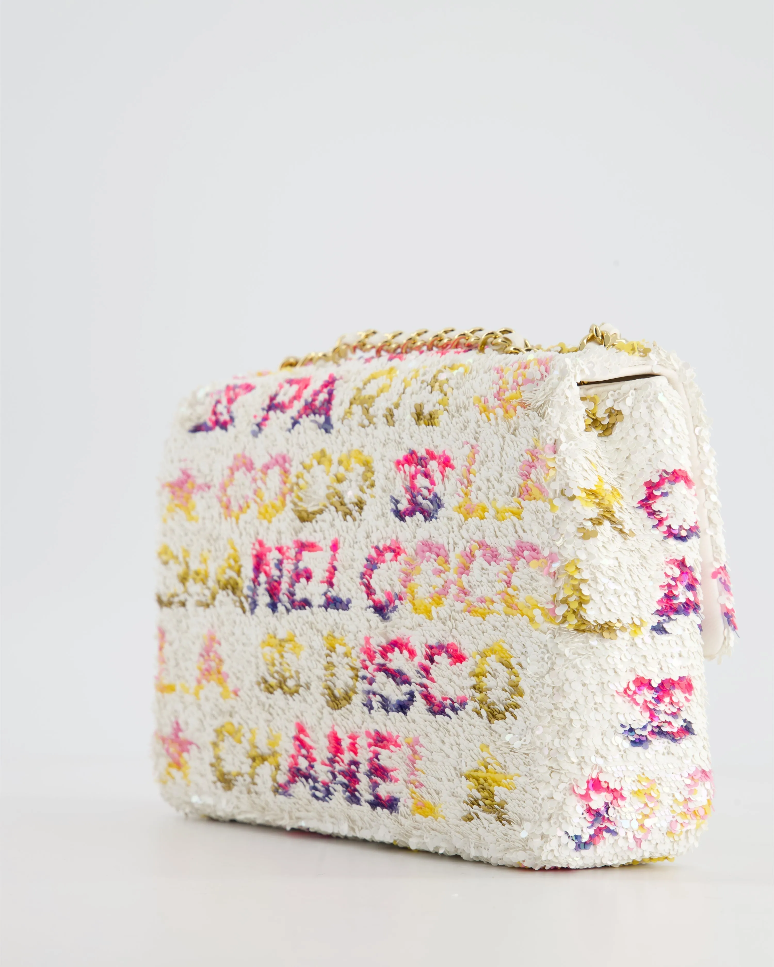 & CURRENT SEASON* Chanel Cruise 2024 White, Yellow, Pink and Blue Sequin Small Flap Bag with Gold Hardware