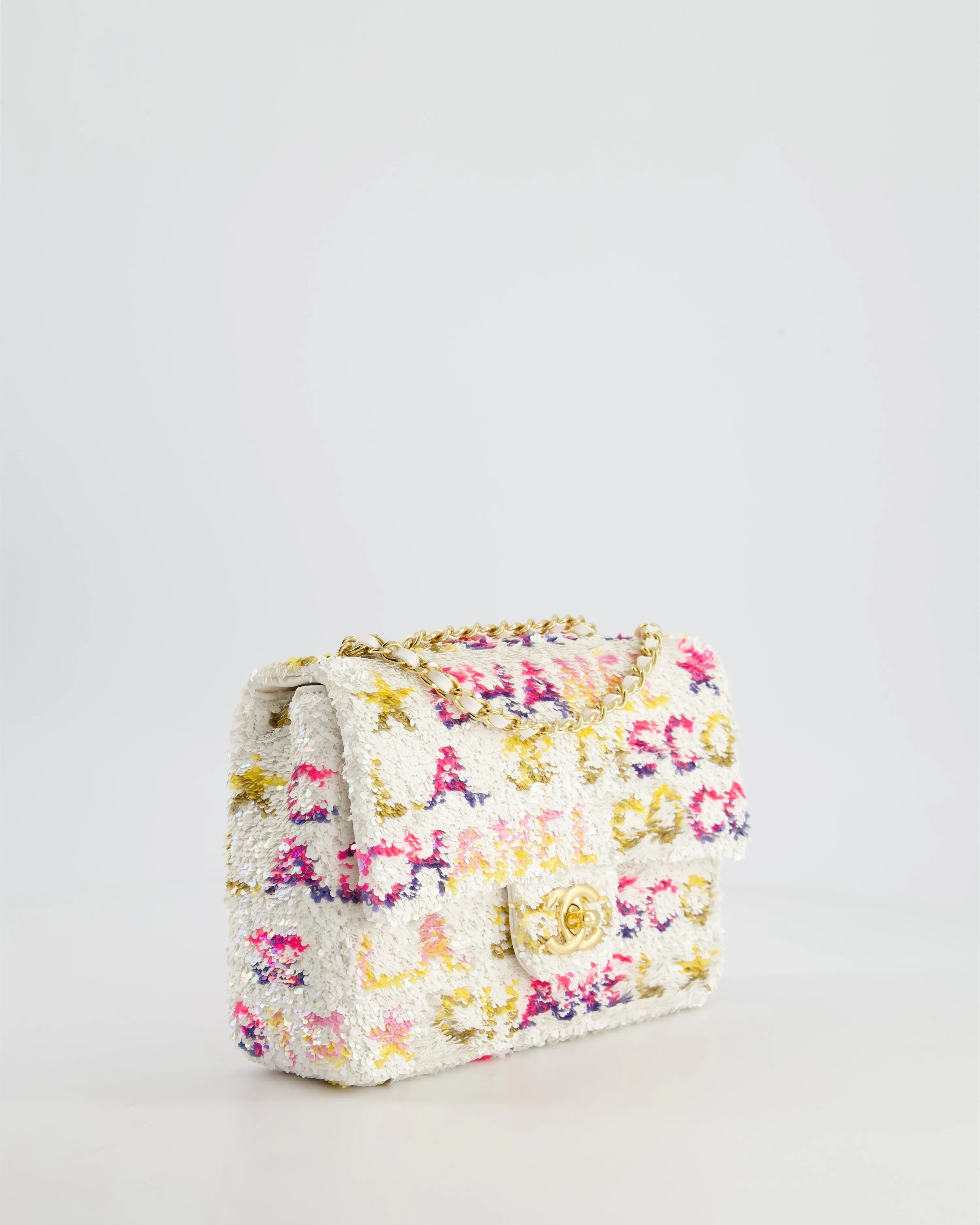 & CURRENT SEASON* Chanel Cruise 2024 White, Yellow, Pink and Blue Sequin Small Flap Bag with Gold Hardware