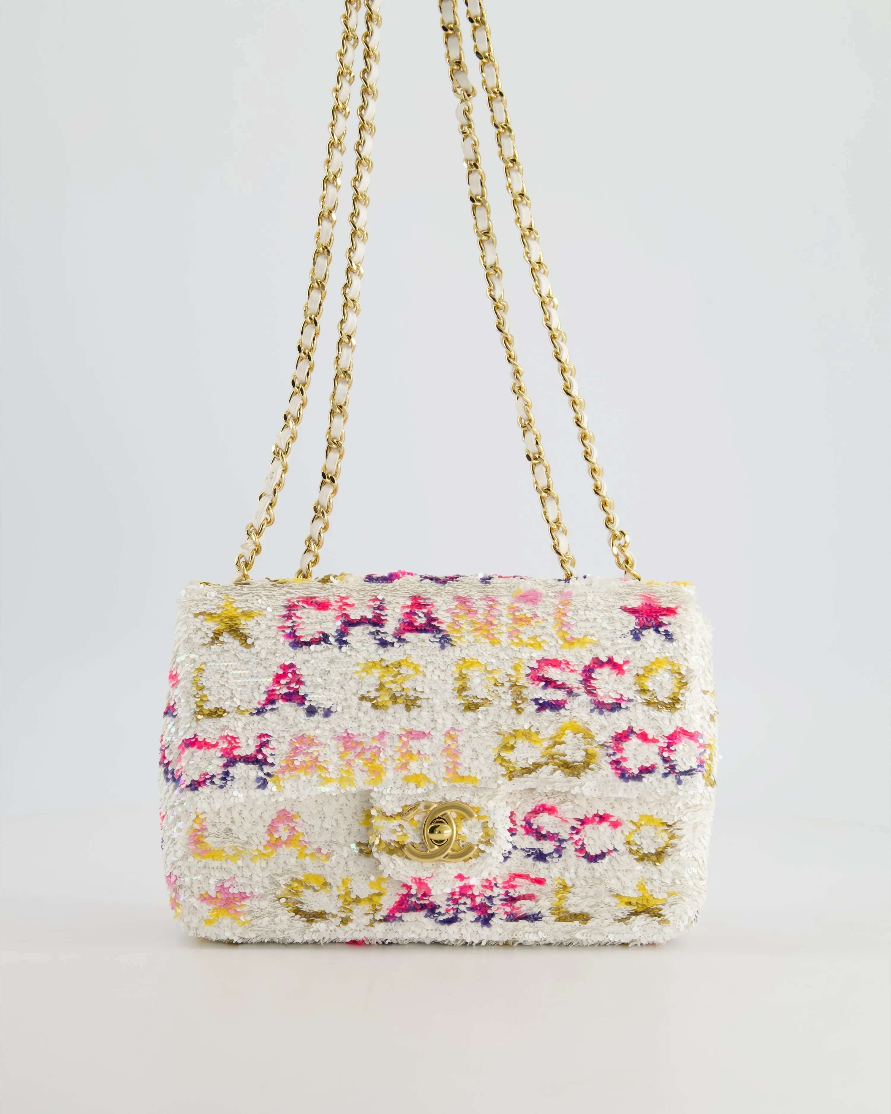 & CURRENT SEASON* Chanel Cruise 2024 White, Yellow, Pink and Blue Sequin Small Flap Bag with Gold Hardware