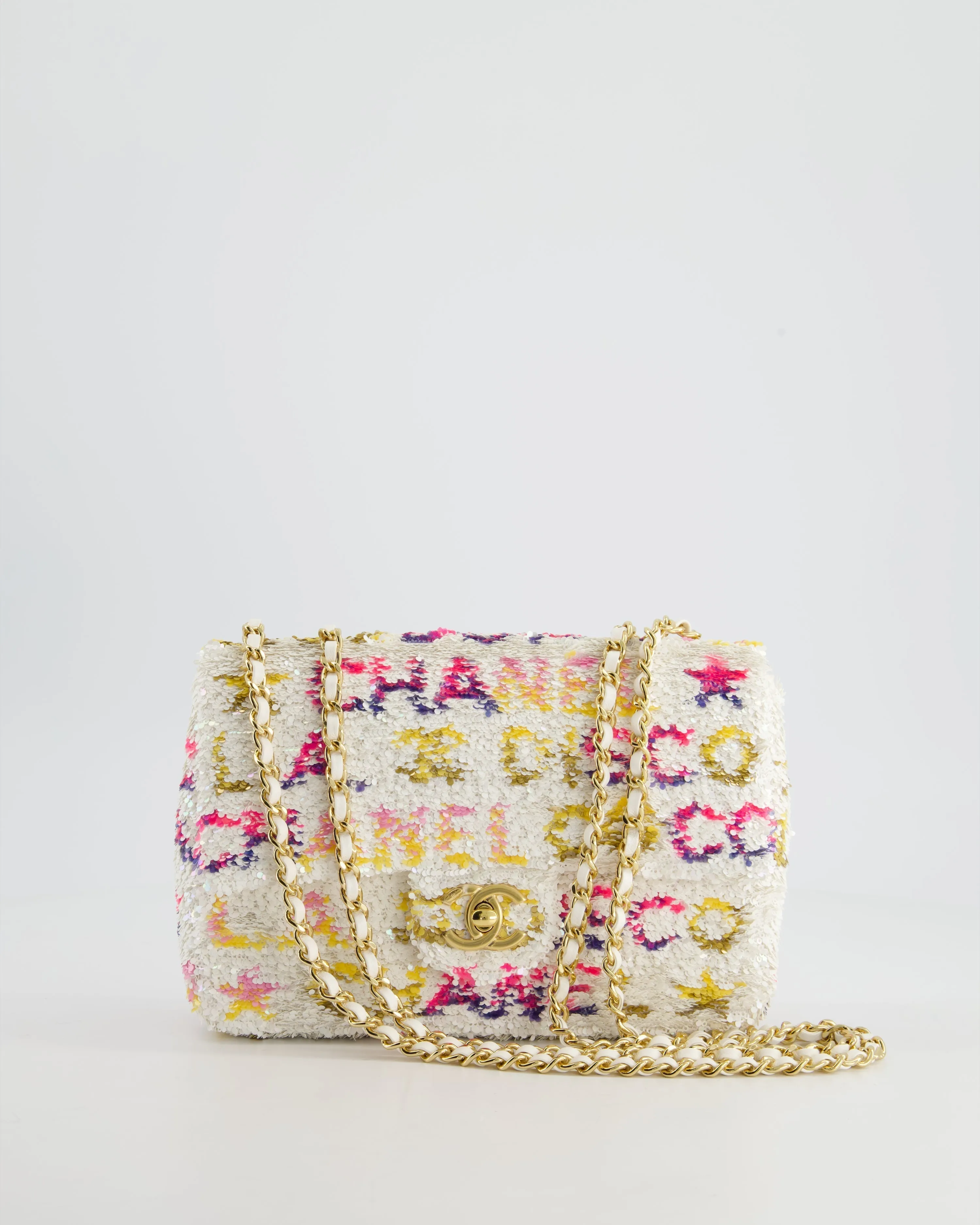 & CURRENT SEASON* Chanel Cruise 2024 White, Yellow, Pink and Blue Sequin Small Flap Bag with Gold Hardware