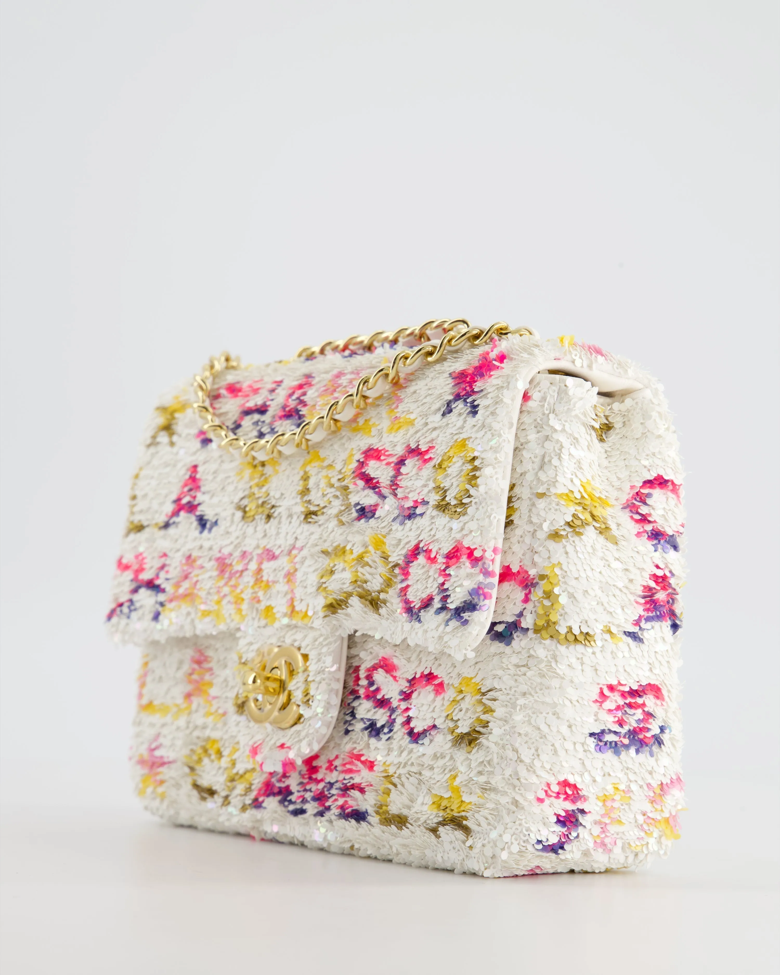 & CURRENT SEASON* Chanel Cruise 2024 White, Yellow, Pink and Blue Sequin Small Flap Bag with Gold Hardware