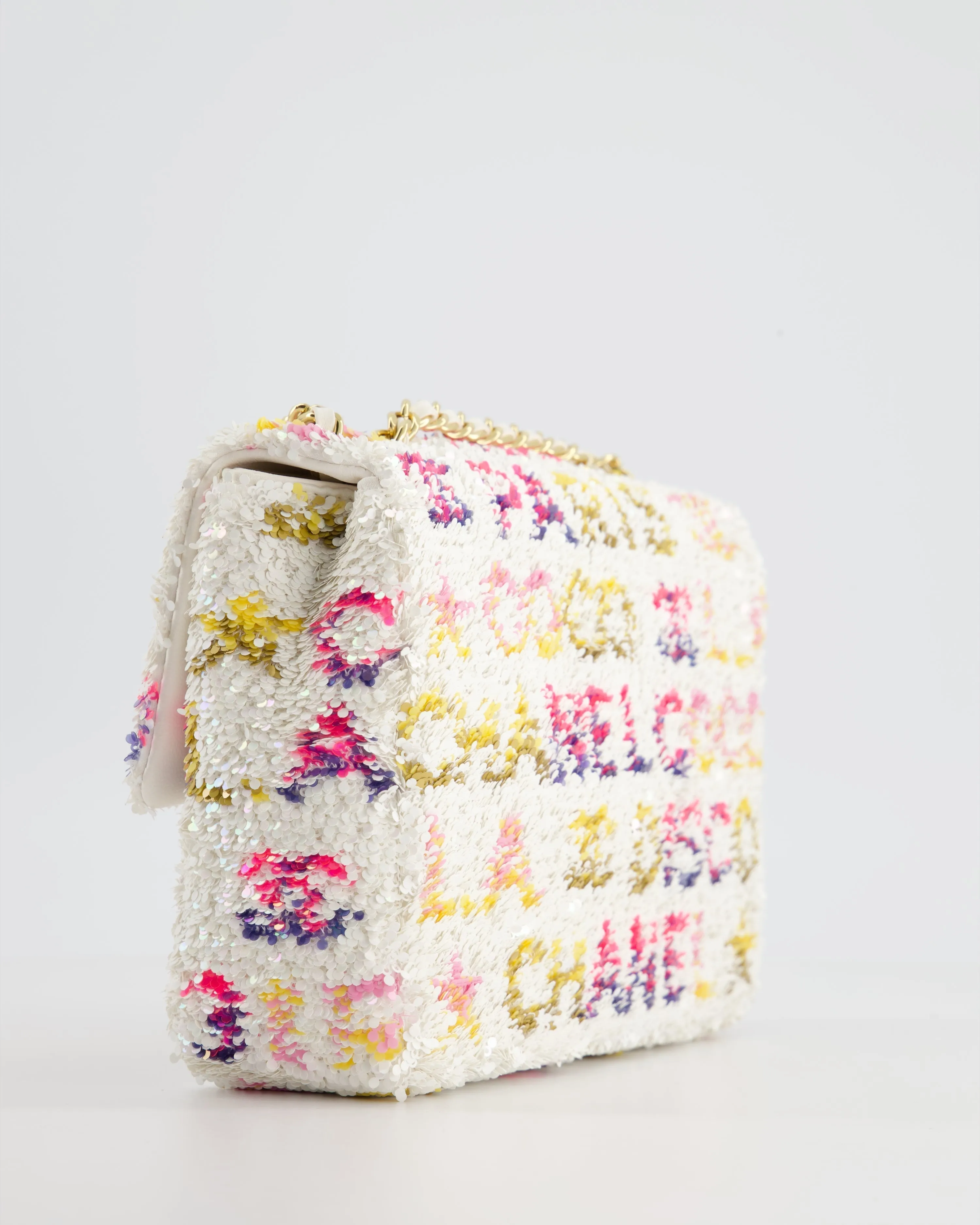 & CURRENT SEASON* Chanel Cruise 2024 White, Yellow, Pink and Blue Sequin Small Flap Bag with Gold Hardware