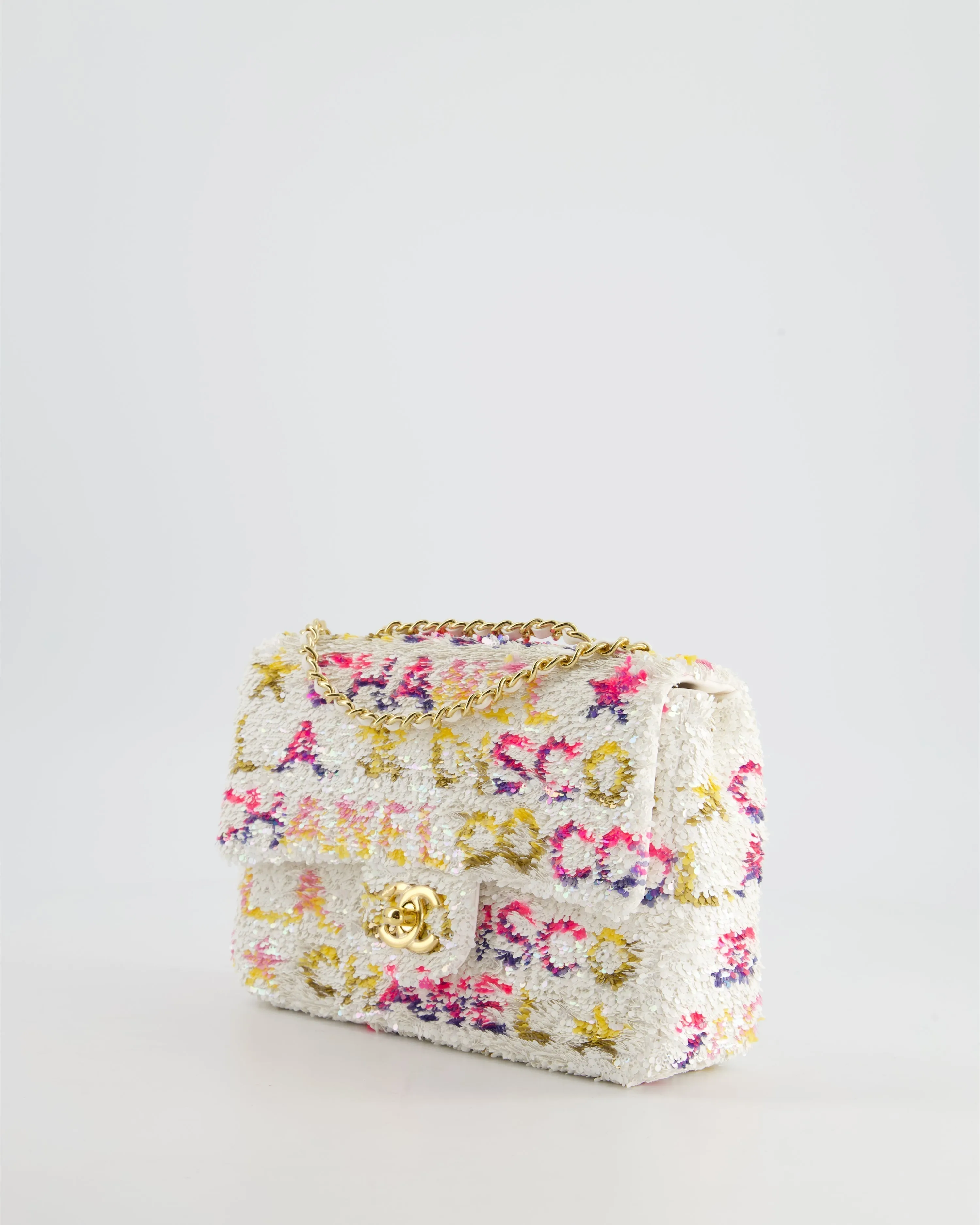 & CURRENT SEASON* Chanel Cruise 2024 White, Yellow, Pink and Blue Sequin Small Flap Bag with Gold Hardware