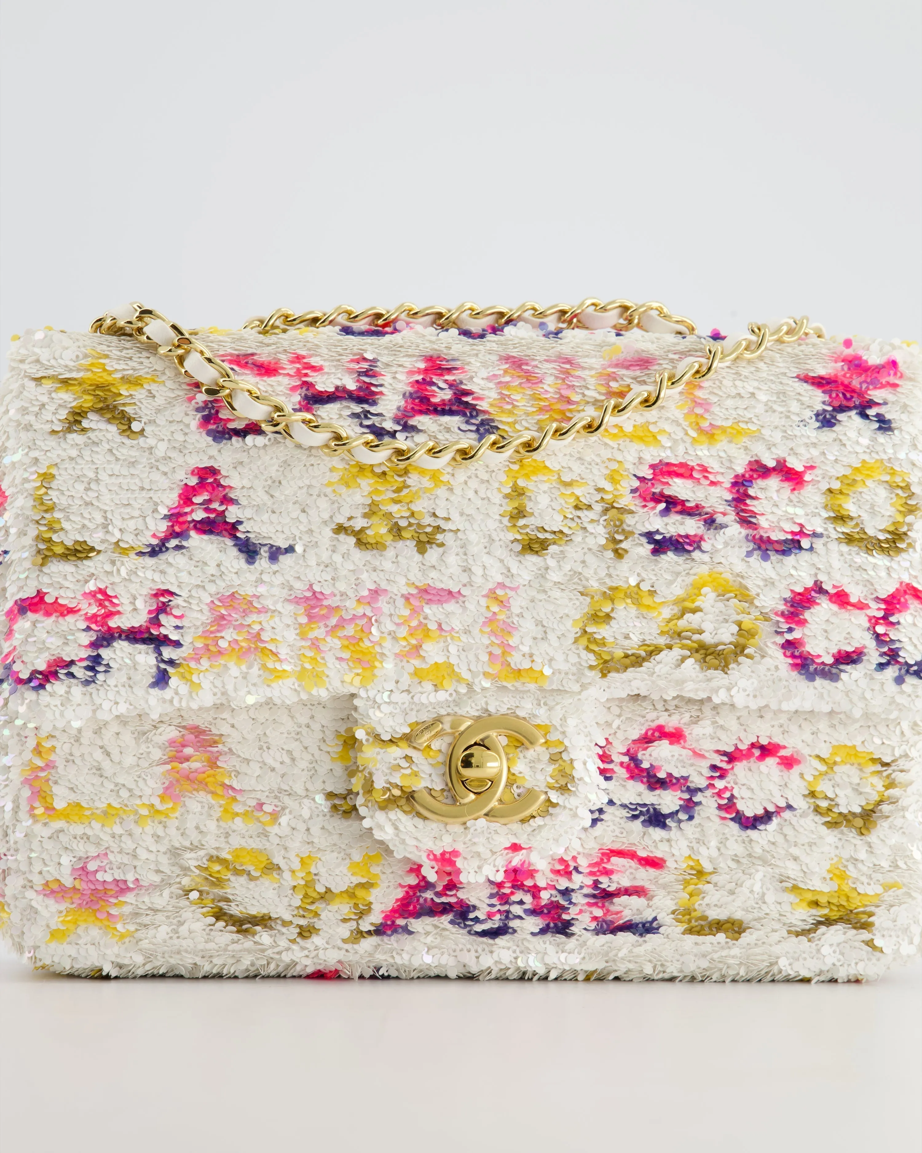 & CURRENT SEASON* Chanel Cruise 2024 White, Yellow, Pink and Blue Sequin Small Flap Bag with Gold Hardware