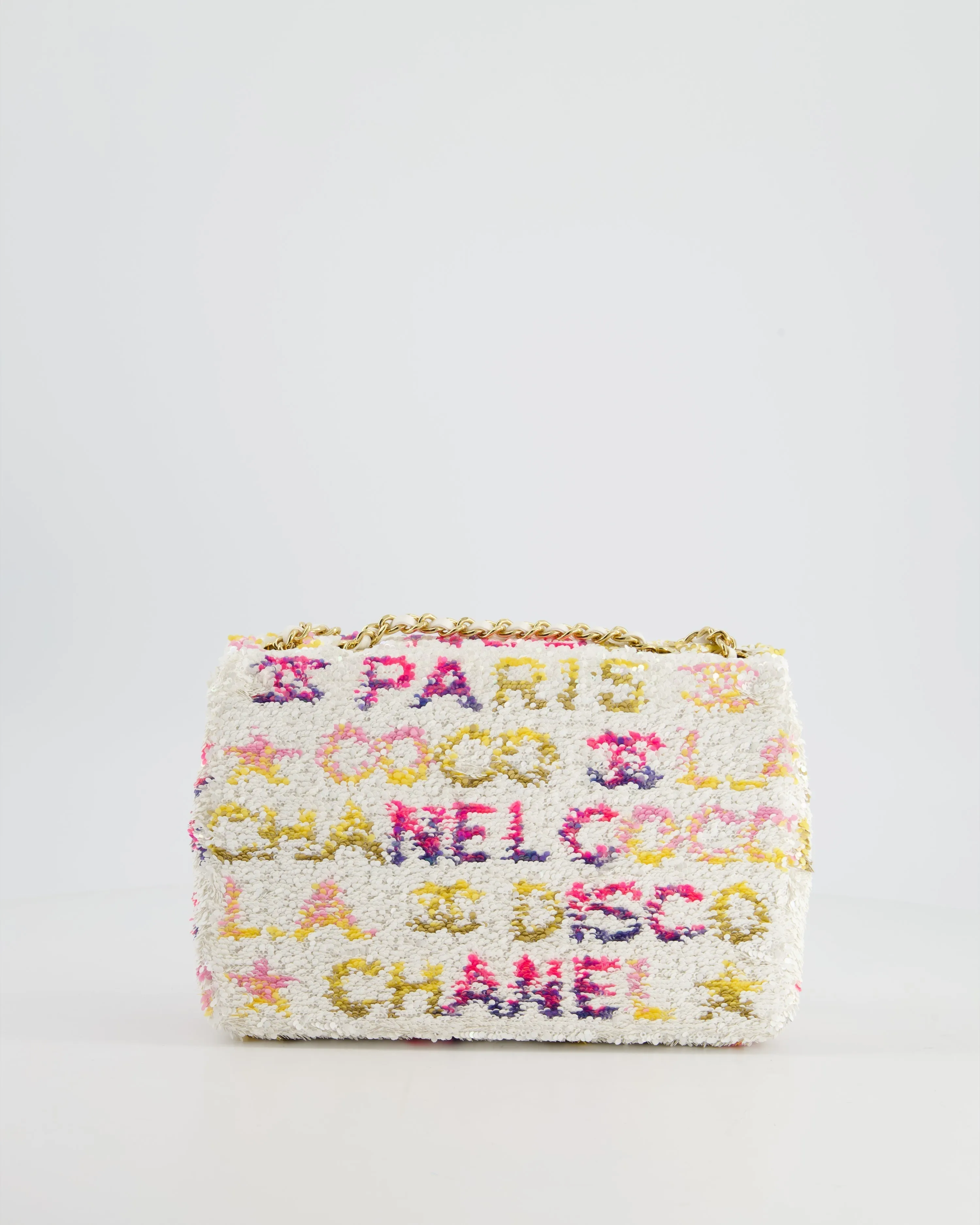 & CURRENT SEASON* Chanel Cruise 2024 White, Yellow, Pink and Blue Sequin Small Flap Bag with Gold Hardware