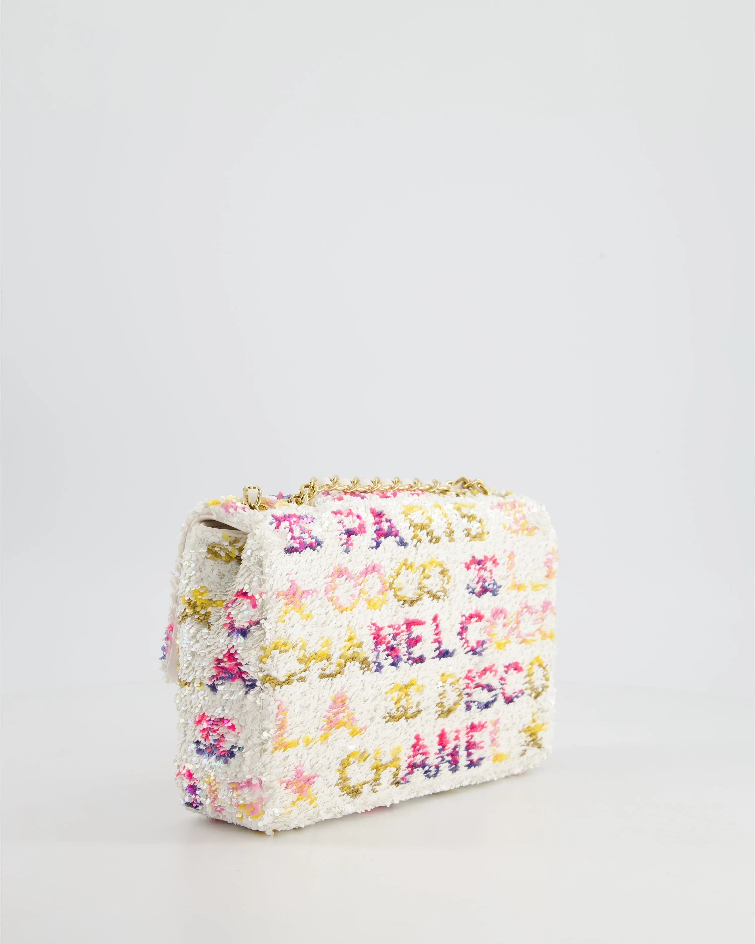 & CURRENT SEASON* Chanel Cruise 2024 White, Yellow, Pink and Blue Sequin Small Flap Bag with Gold Hardware