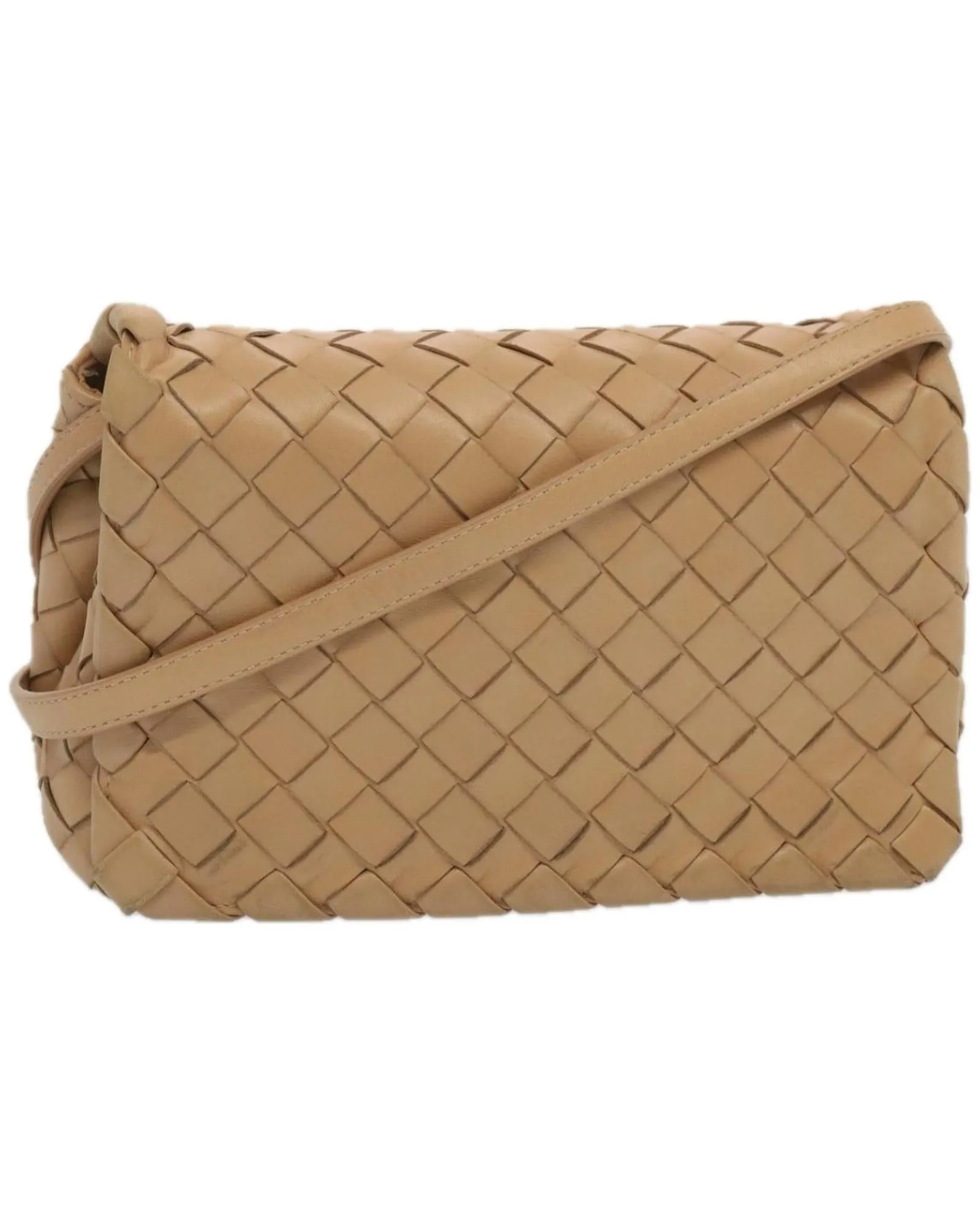 Beige Leather Shoulder Bag with Intricate Weaving Detail