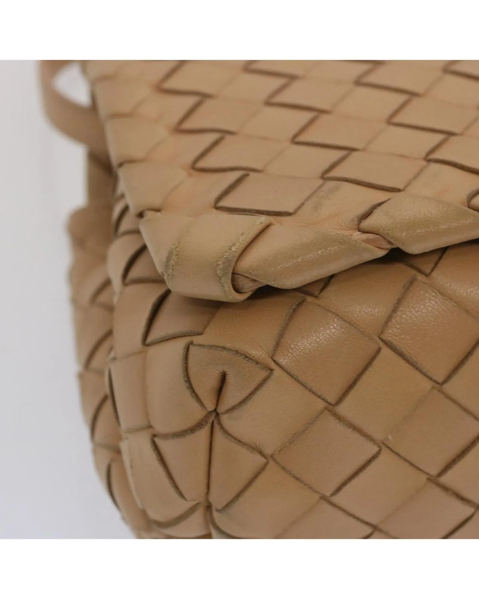 Beige Leather Shoulder Bag with Intricate Weaving Detail