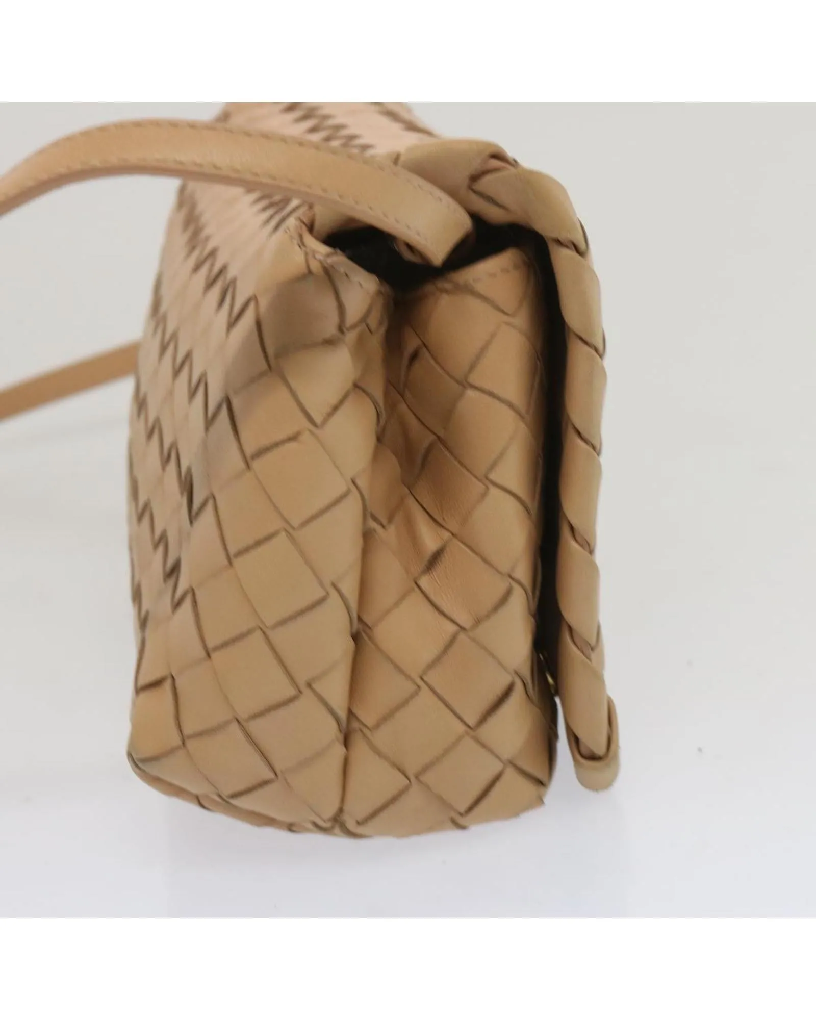 Beige Leather Shoulder Bag with Intricate Weaving Detail