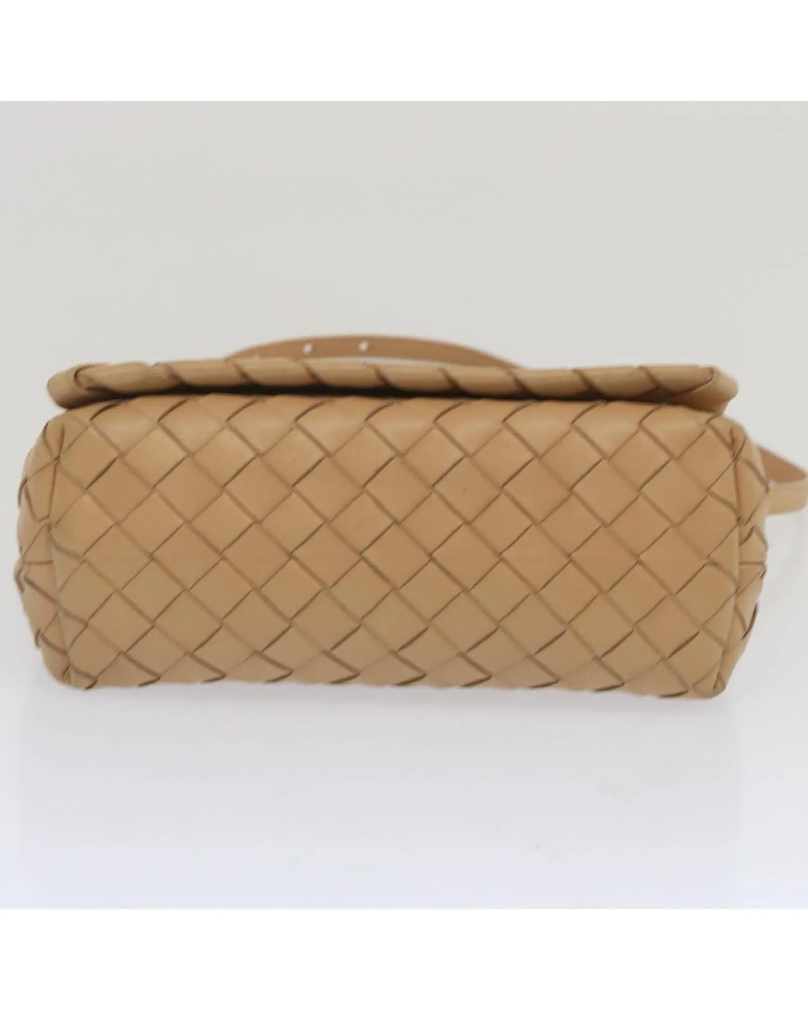 Beige Leather Shoulder Bag with Intricate Weaving Detail