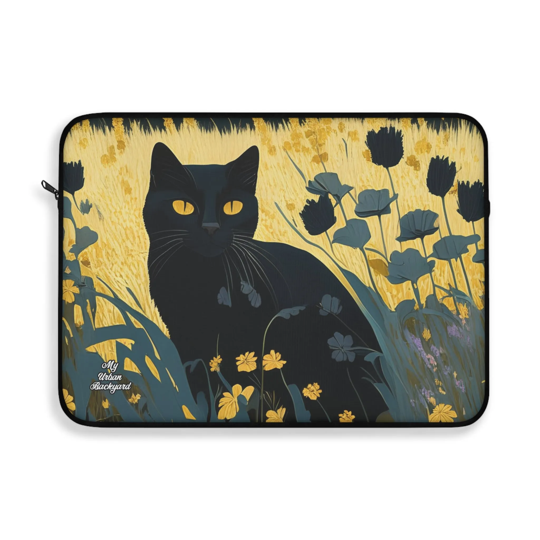 Black Cat with Black Flowers, Laptop Carrying Case, Top Loading Sleeve for School or Work