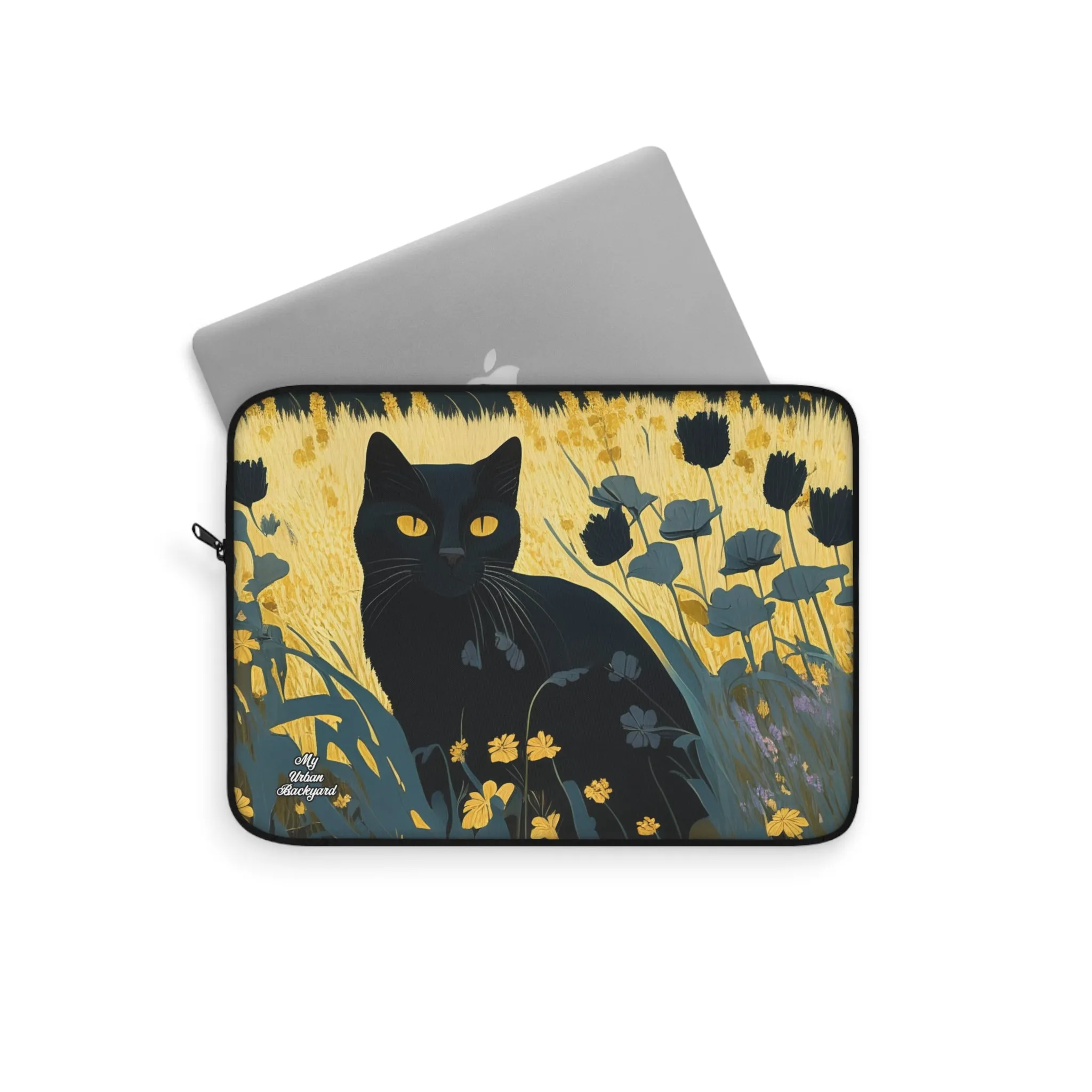 Black Cat with Black Flowers, Laptop Carrying Case, Top Loading Sleeve for School or Work