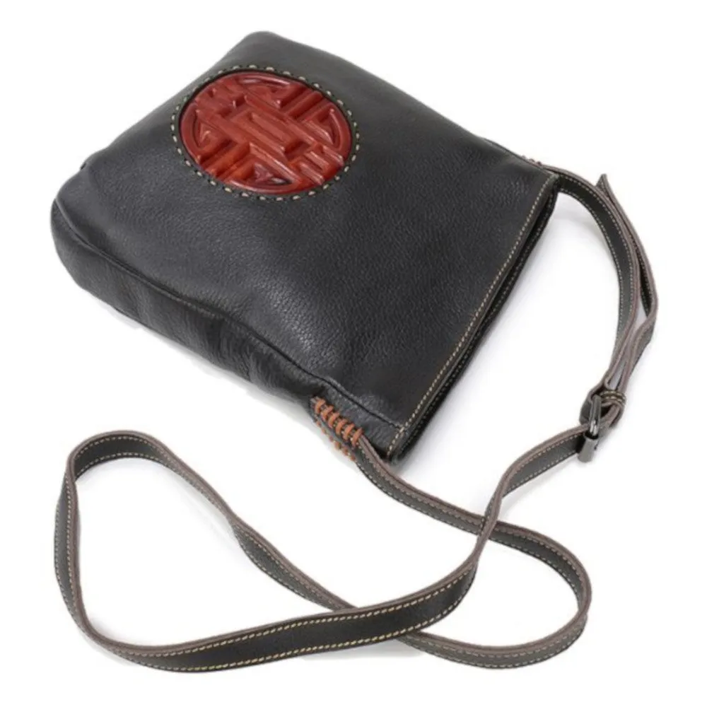 Black Leather Handbag Embossed Boho Retro Asian