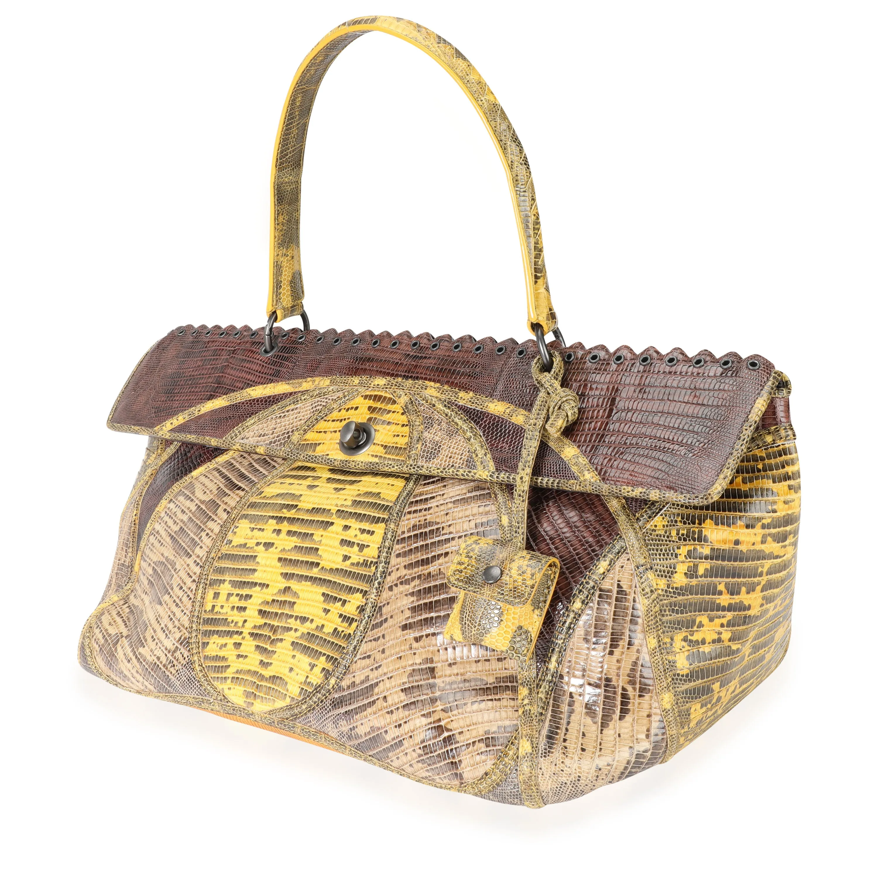 Bottega Veneta Brown & Yellow Patchwork Prezioso Lizard Bag