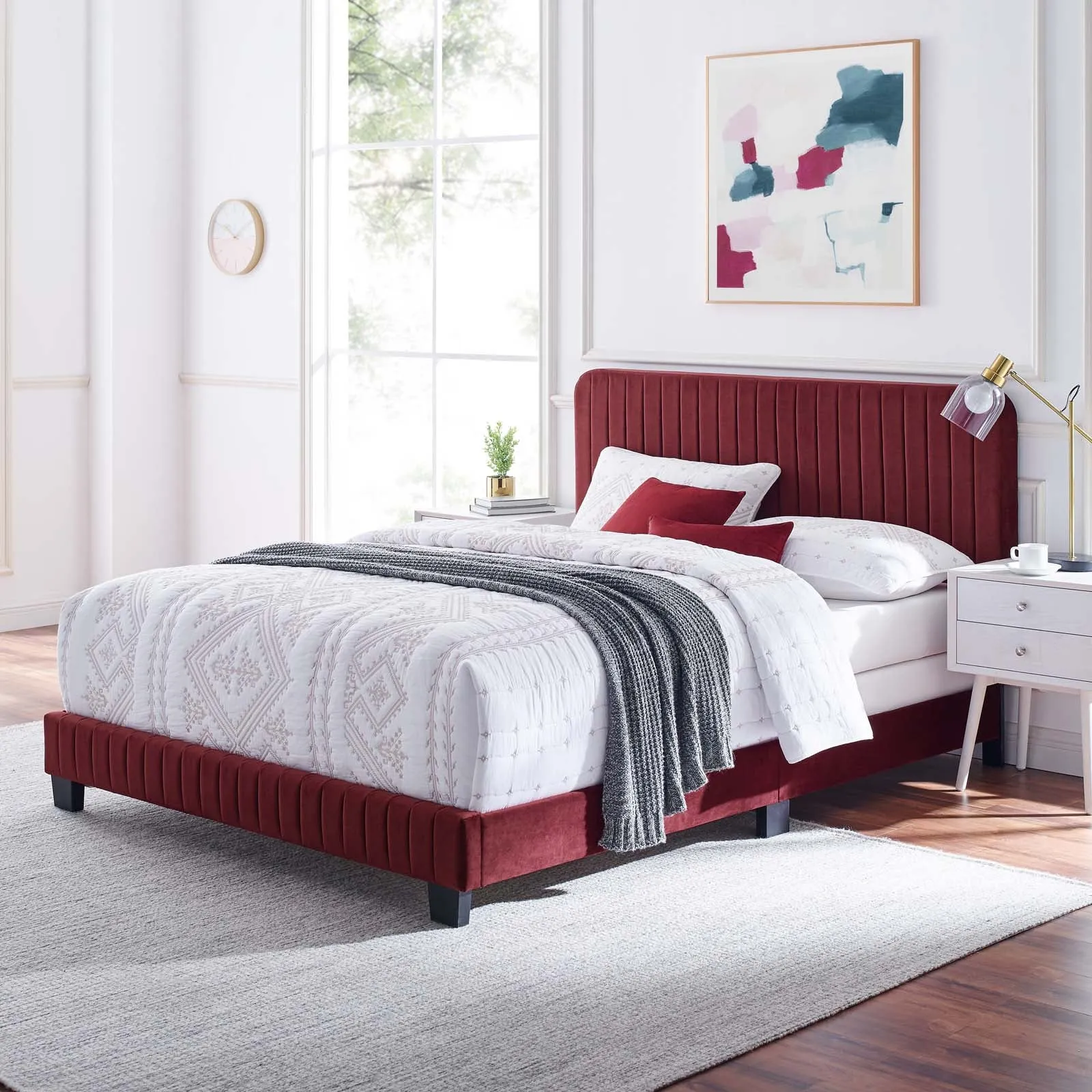 Celine Channel Tufted Performance Velvet Full Bed Maroon MOD-6331-MAR