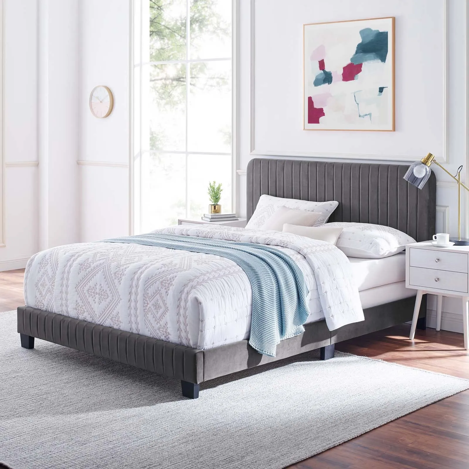 Celine Channel Tufted Performance Velvet Queen Bed Gray MOD-6330-GRY