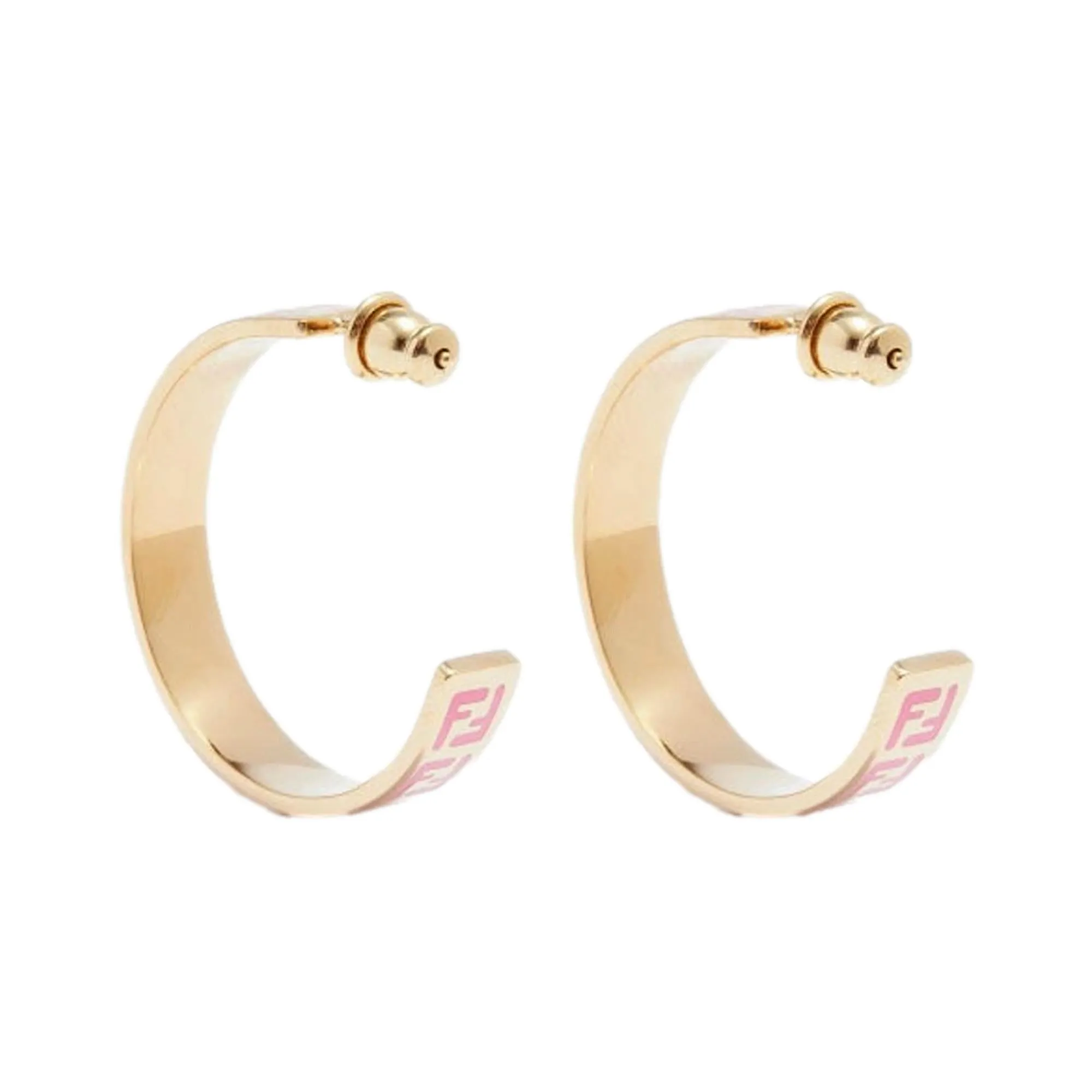 Fendi FF Print Pink and Gold Finish Metal Hoop Fashion Earrings