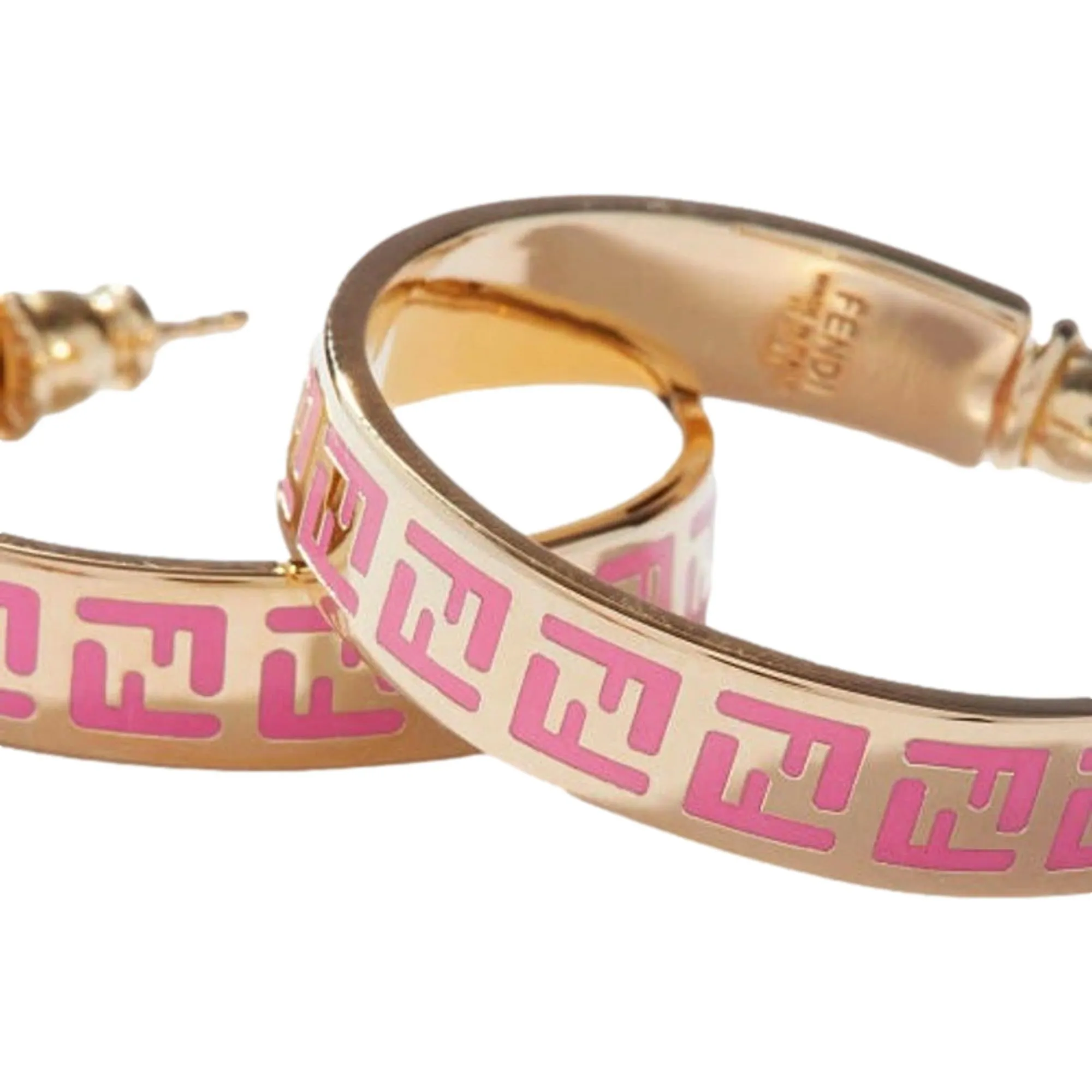 Fendi FF Print Pink and Gold Finish Metal Hoop Fashion Earrings