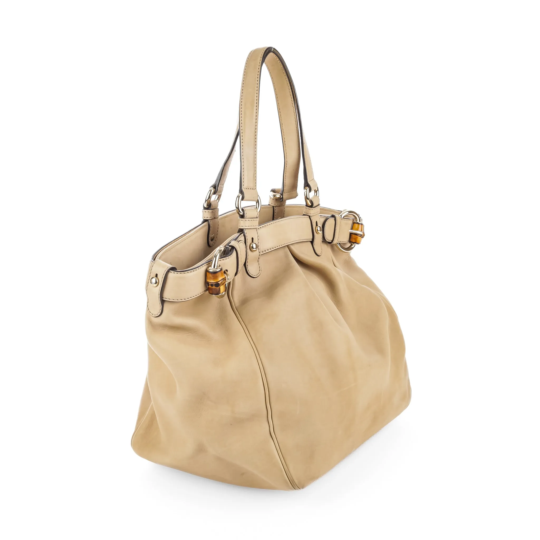 GUCCI Diamante Bamboo Handbag - Beige Leather