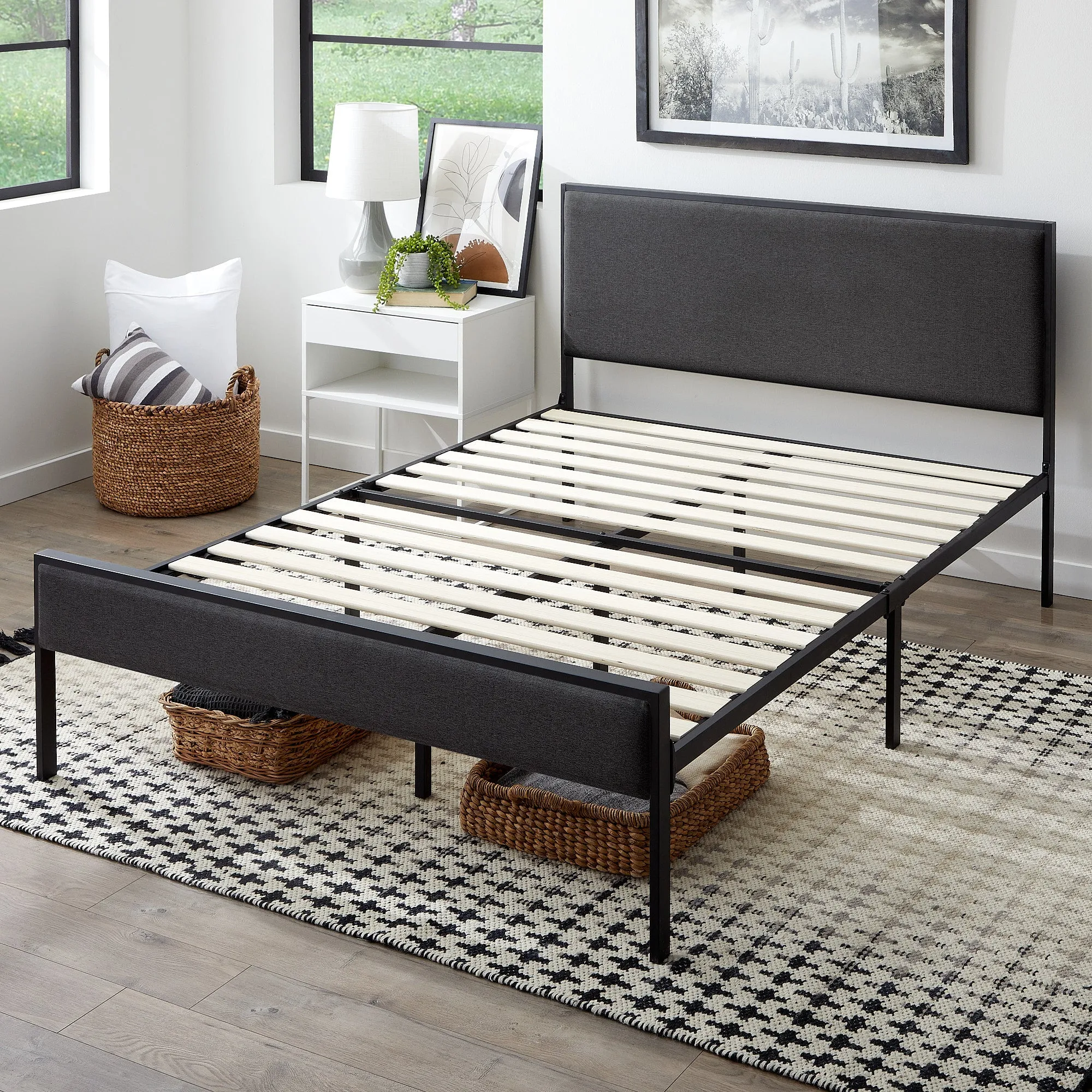 Hudson Metal Platform Bed Frame with Upholstered Headboard