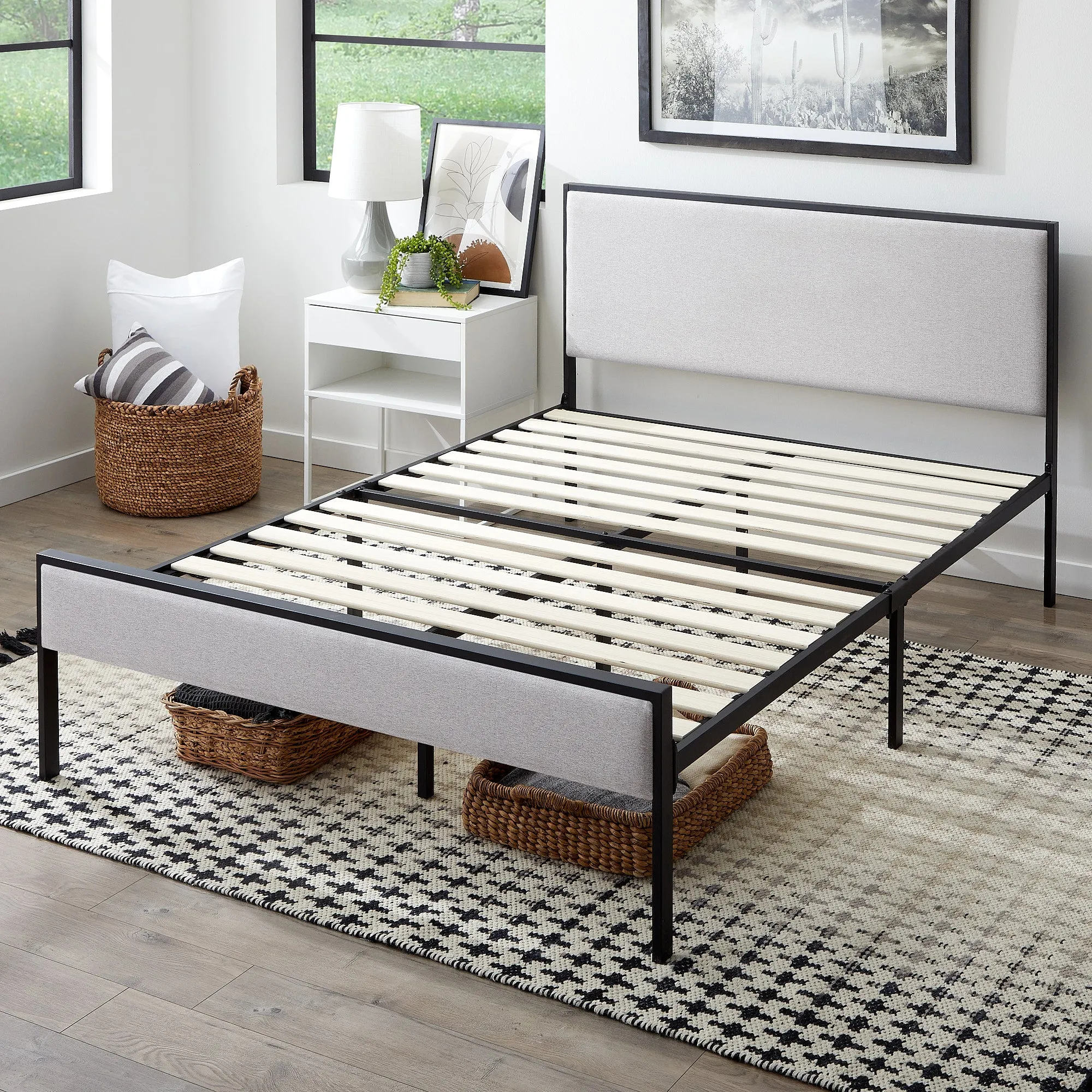 Hudson Metal Platform Bed Frame with Upholstered Headboard