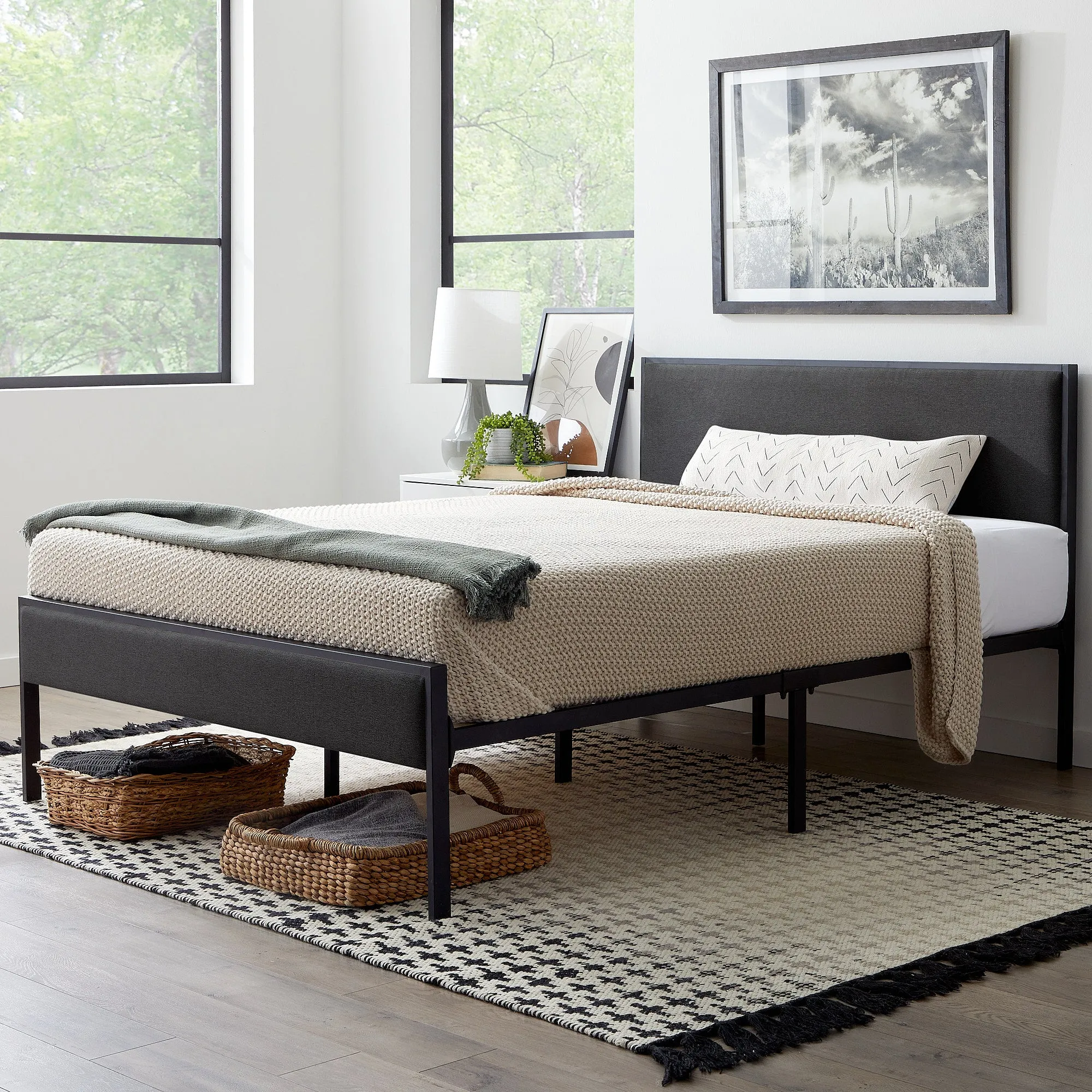 Hudson Metal Platform Bed Frame with Upholstered Headboard