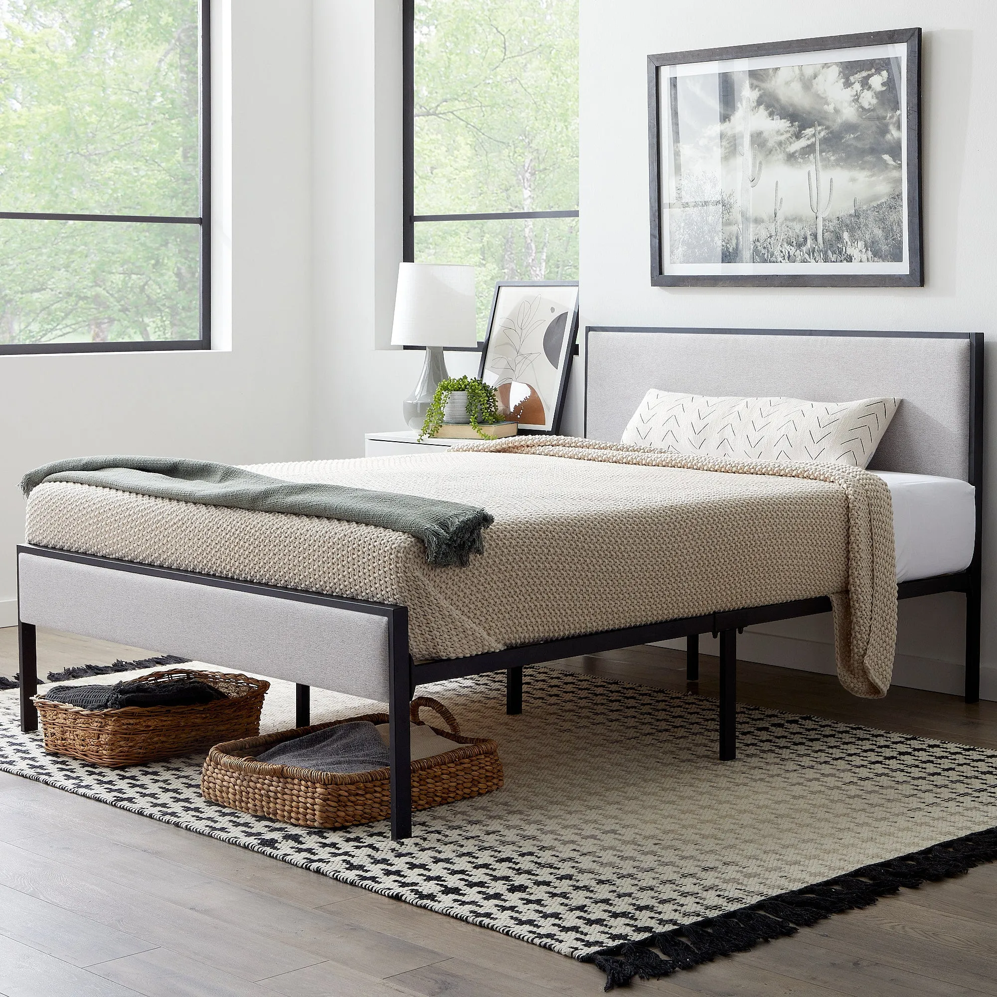 Hudson Metal Platform Bed Frame with Upholstered Headboard