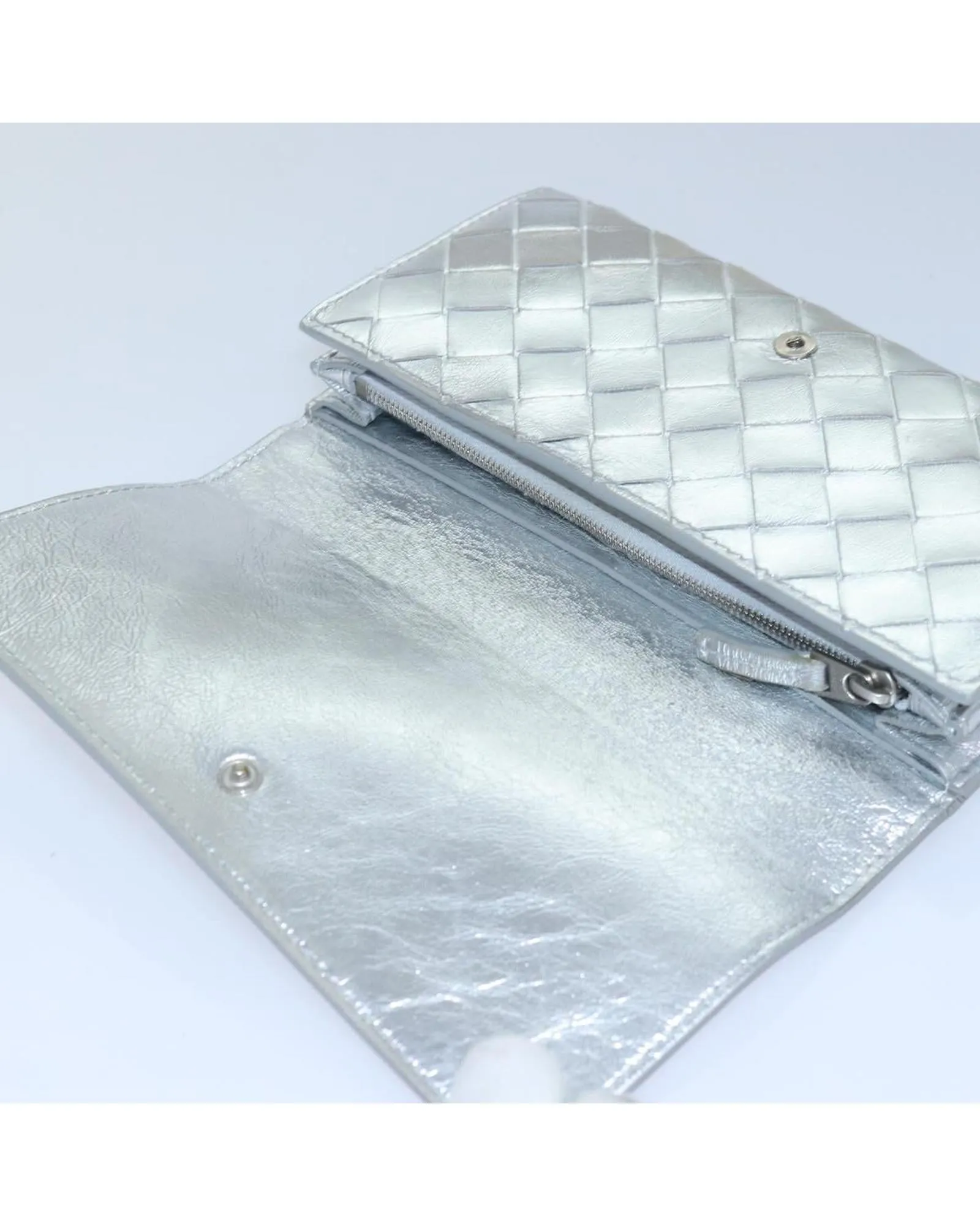 Intrecciato Leather Long Wallet with Silver Tone Hardware