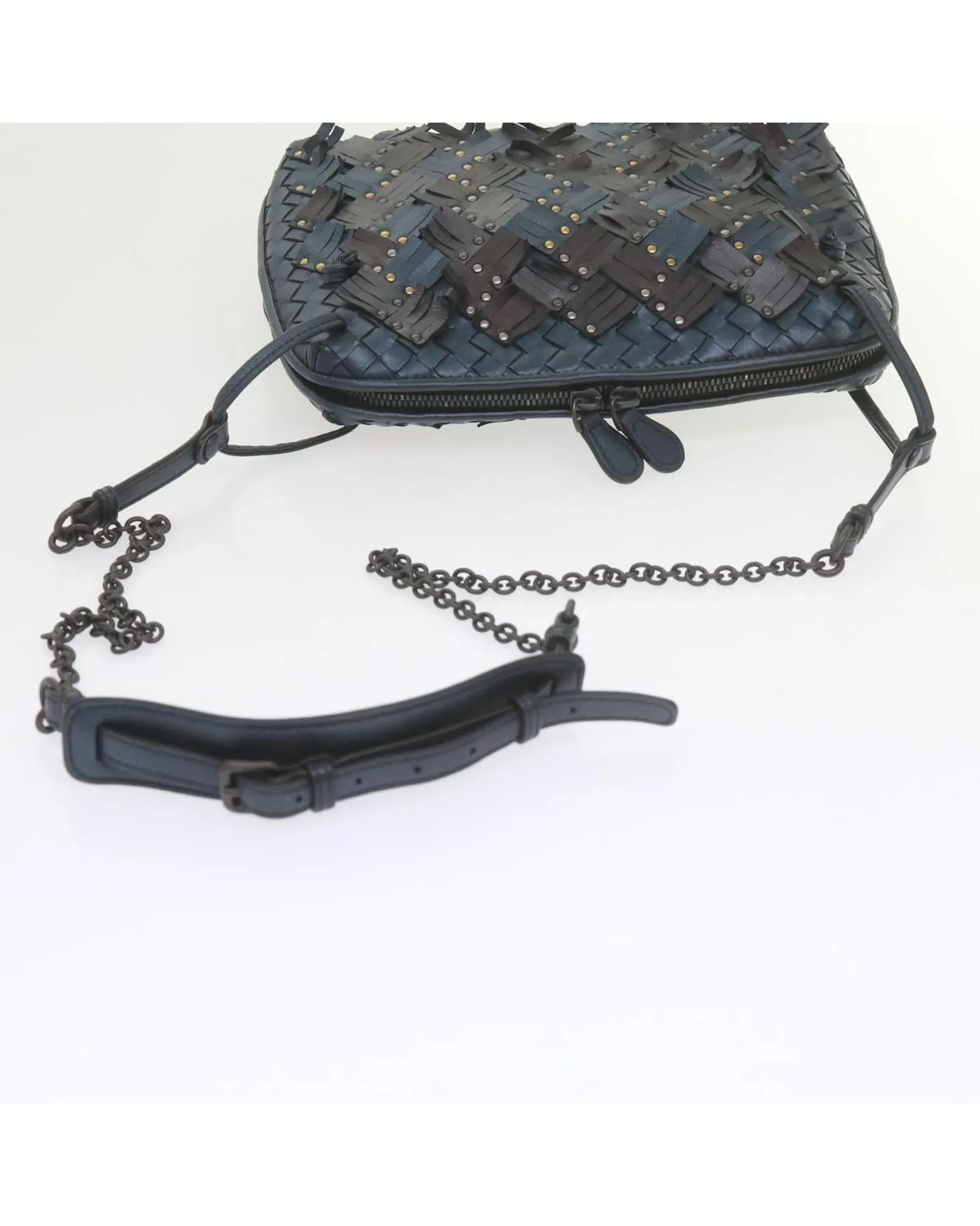 Intrecciato Leather Shoulder Bag in Navy and Bronze