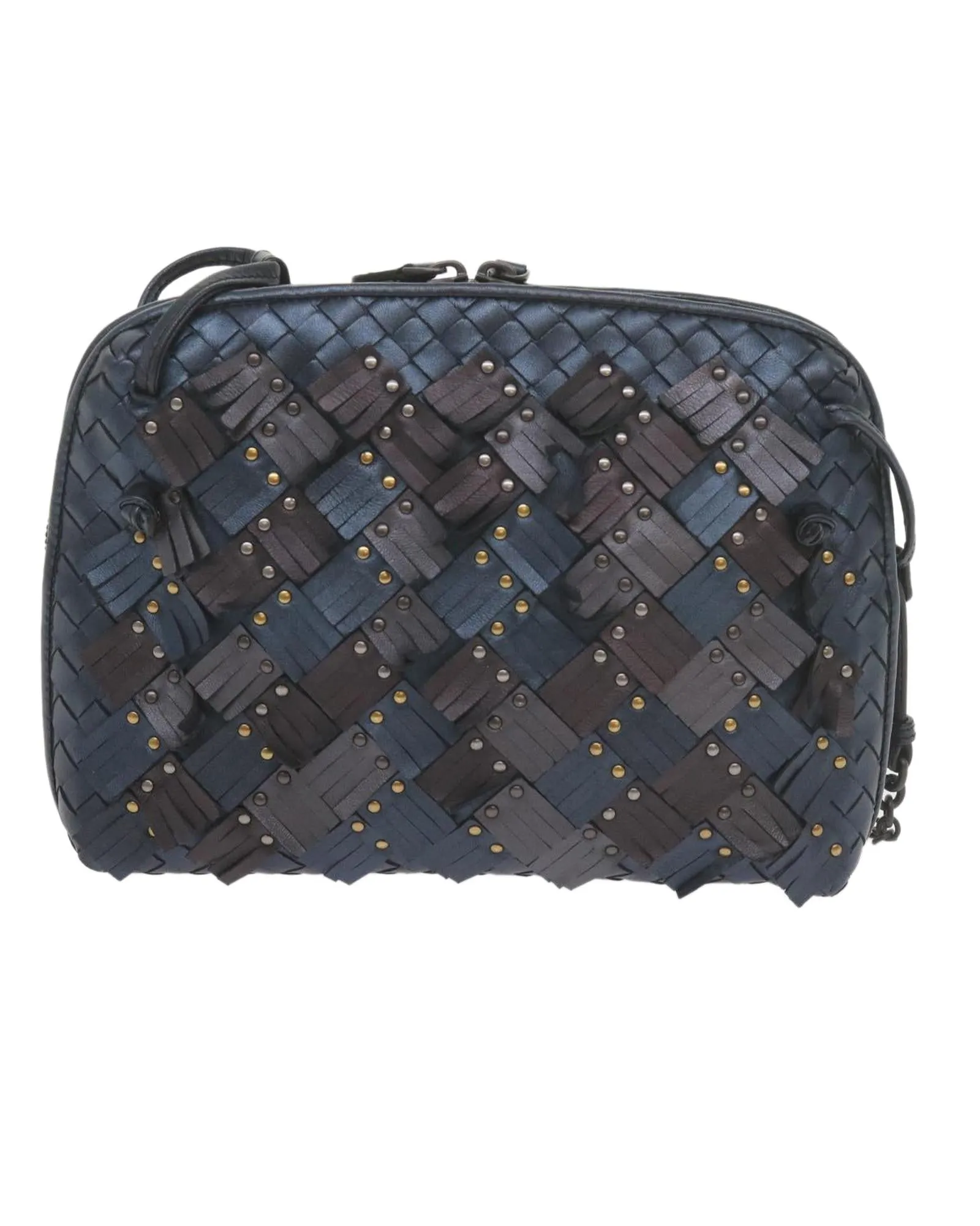 Intrecciato Leather Shoulder Bag in Navy and Bronze