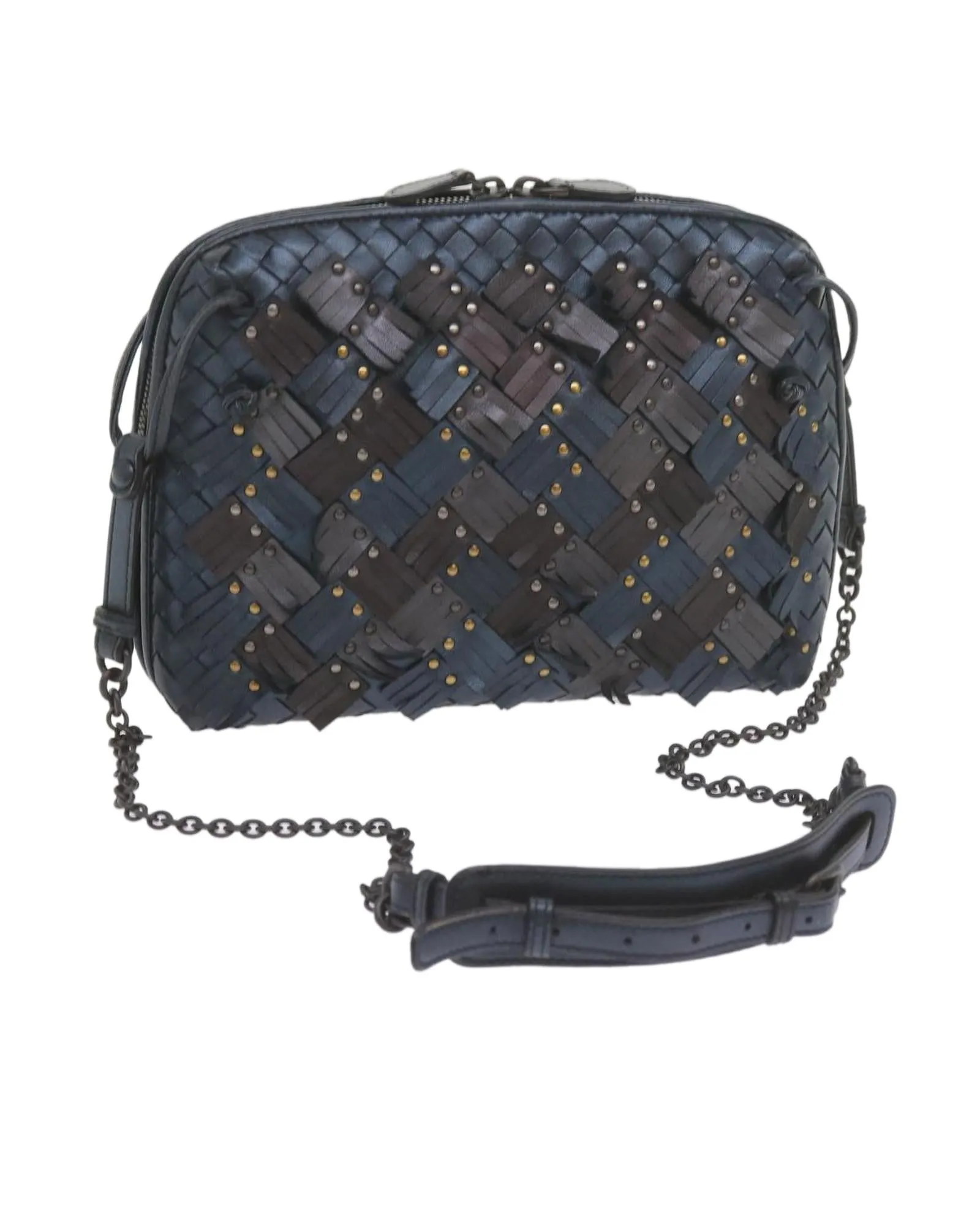 Intrecciato Leather Shoulder Bag in Navy and Bronze