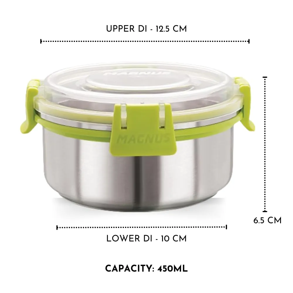 Magnus Klip Lock Stainless Steel Airtight Leakproof Storage Container, 450 ML Each, Set of 10 - Ideal for Kitchen, Perfect Lunch Boxes for Office Men