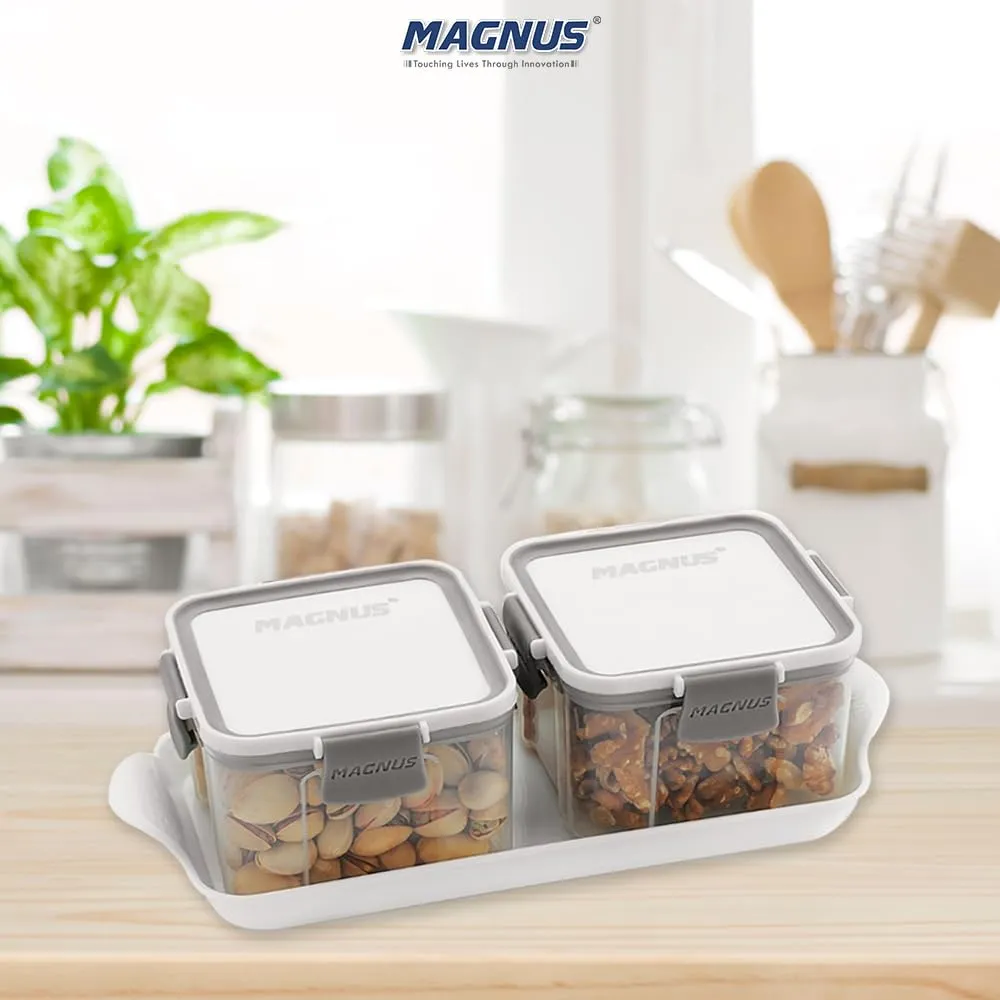 Magnus Modulock Airtight Food Kitchen Storage Container with Detachable Clip Lock | White & Grey Lid | Ultra Clear Transparent Containers | Stackable | Break Resistant | Set of 2 - 460 ml Each