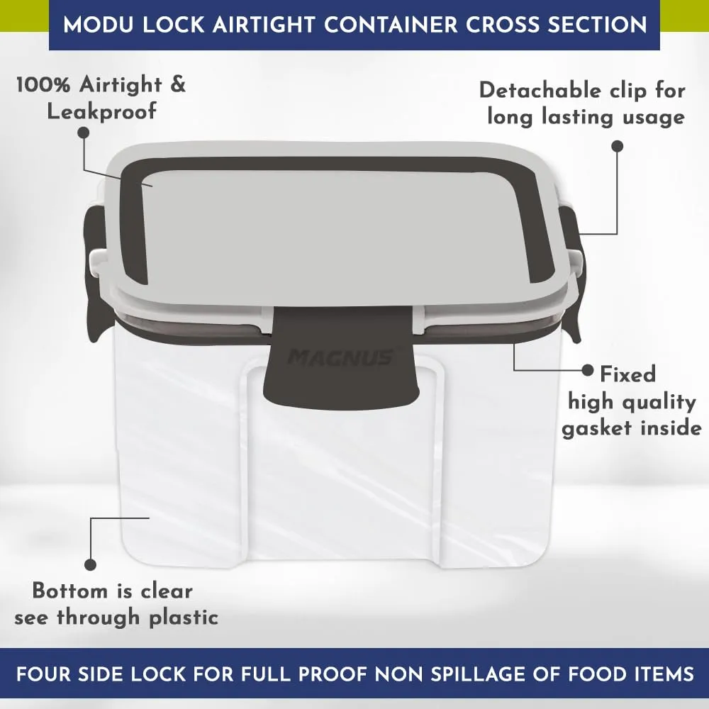 Magnus Modulock Airtight Food Kitchen Storage Container with Detachable Clip Lock | White & Grey Lid | Ultra Clear Transparent Containers | Stackable | Break Resistant | Set of 2 - 460 ml Each