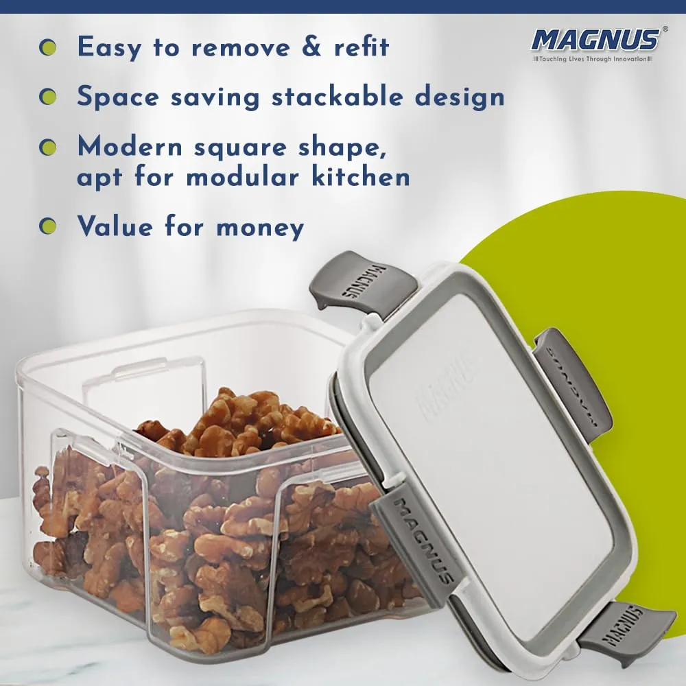 Magnus Modulock Airtight Food Kitchen Storage Container with Detachable Clip Lock | White & Grey Lid | Ultra Clear Transparent Containers | Stackable | Break Resistant | Set of 2 - 460 ml Each