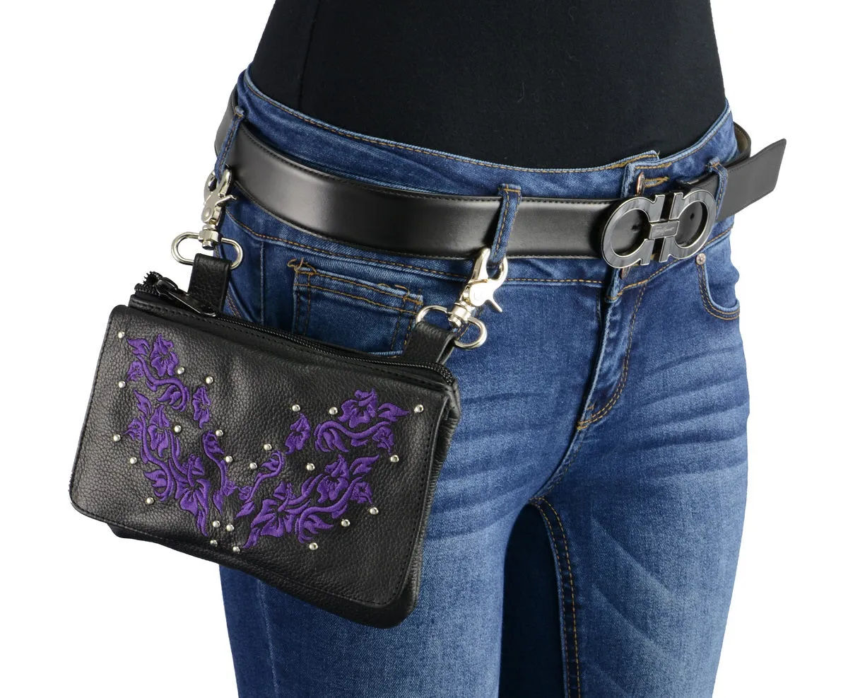 Milwaukee Leather MP8853 Women's 'Flower' Black and Purple Leather Multi Pocket Belt Bag