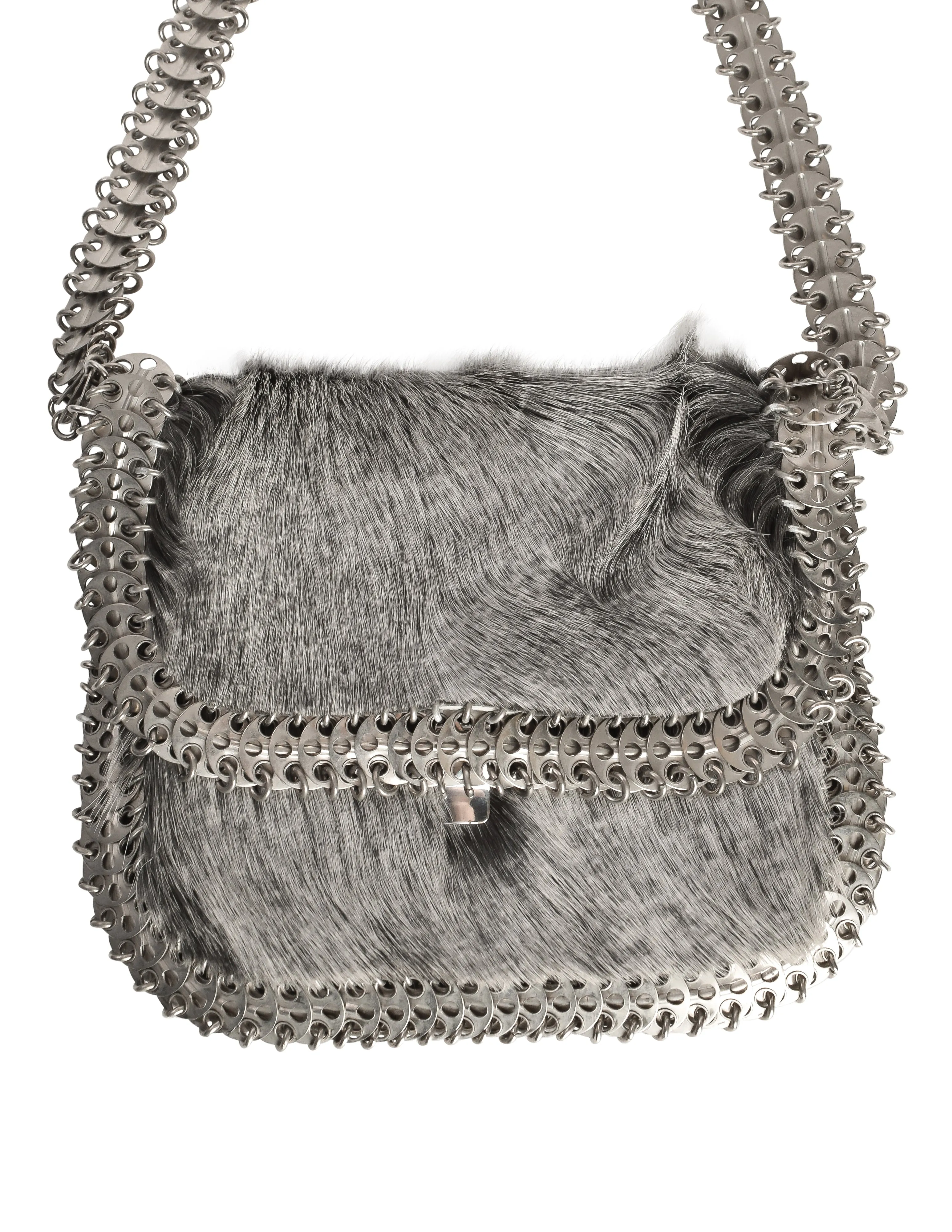 Paco Rabanne Attributed Vintage 1960s Grey Calf Hair Metal Disc Chain Link Shoulder Bag