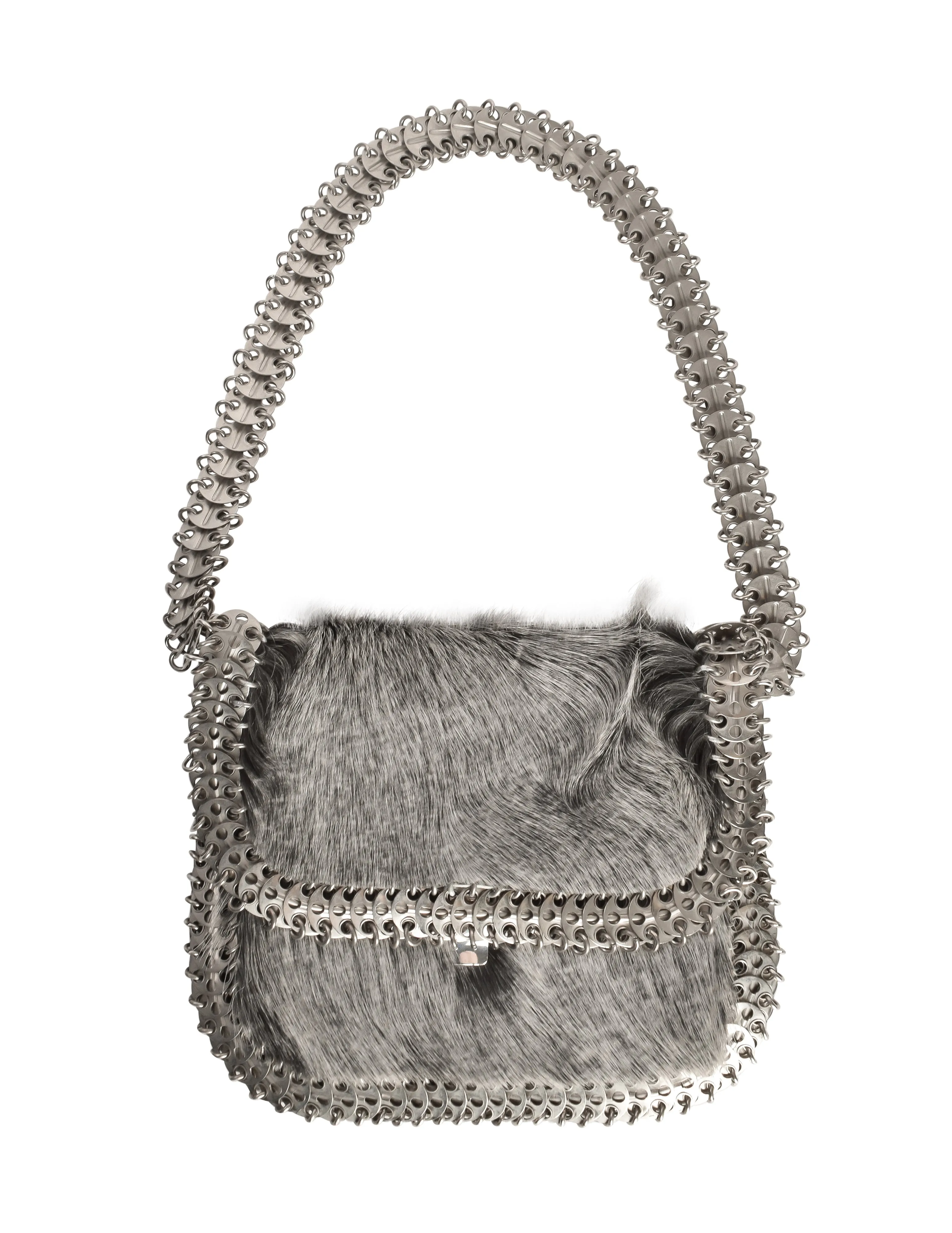 Paco Rabanne Attributed Vintage 1960s Grey Calf Hair Metal Disc Chain Link Shoulder Bag