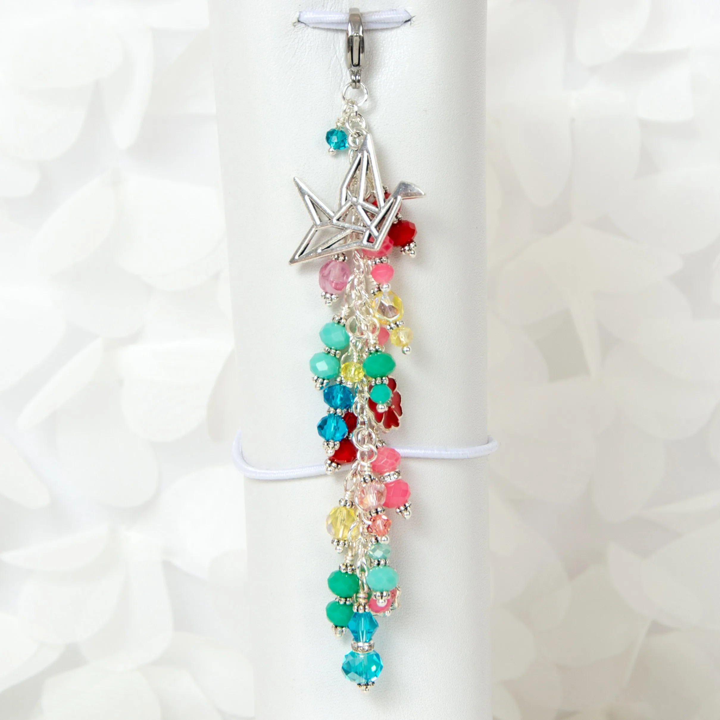 Paper Crane and Blossom Charm with Mixed Crystal Dangle