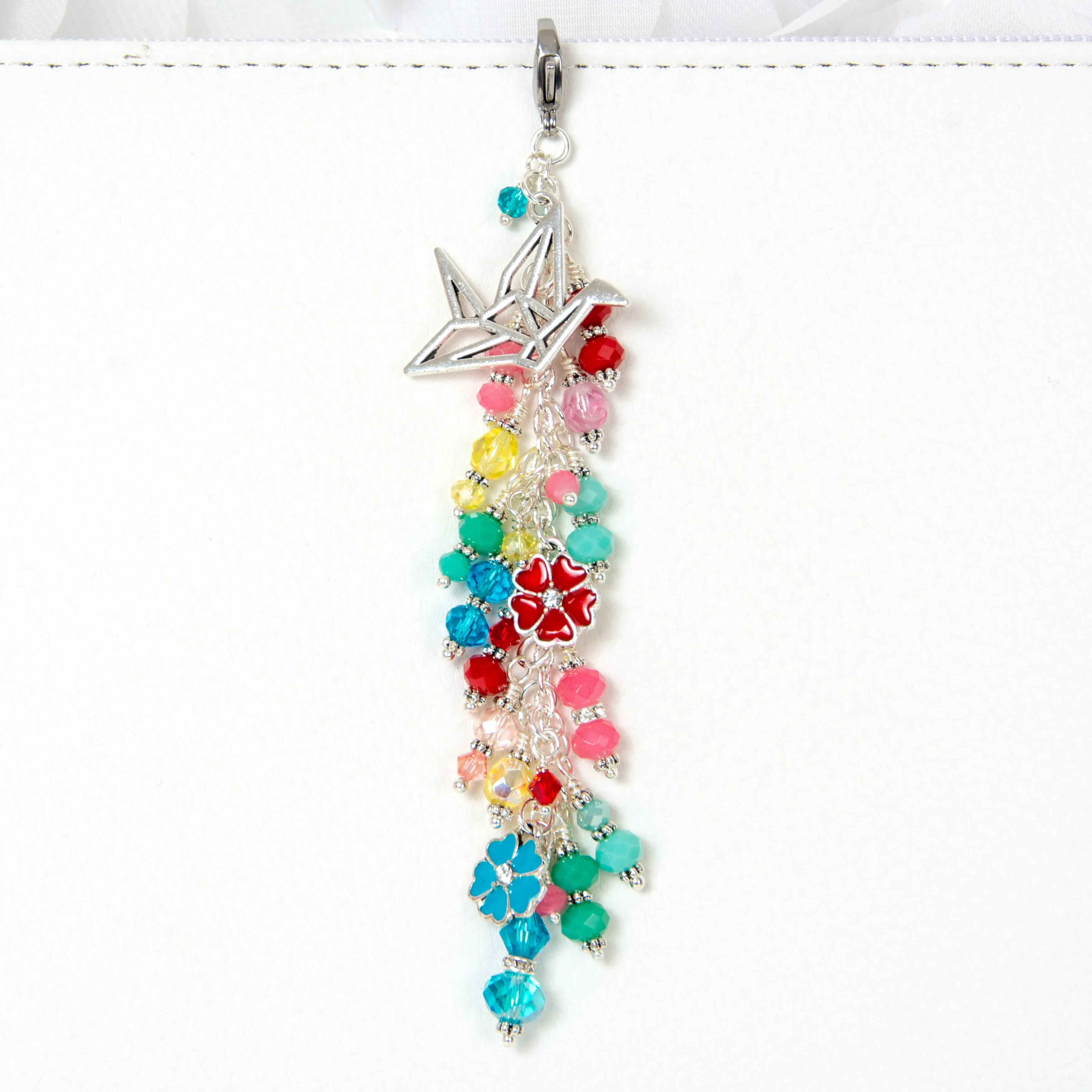 Paper Crane and Blossom Charm with Mixed Crystal Dangle