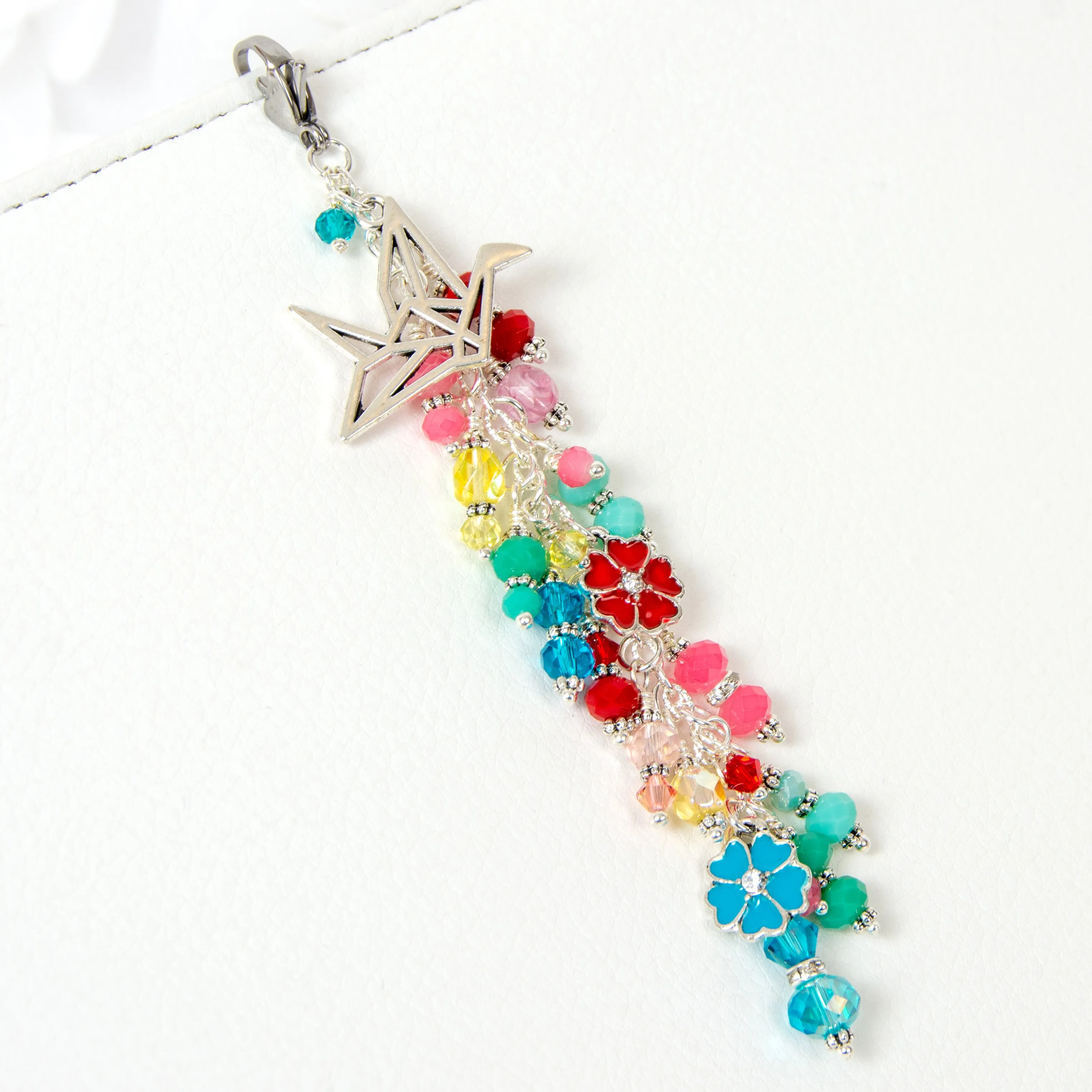 Paper Crane and Blossom Charm with Mixed Crystal Dangle