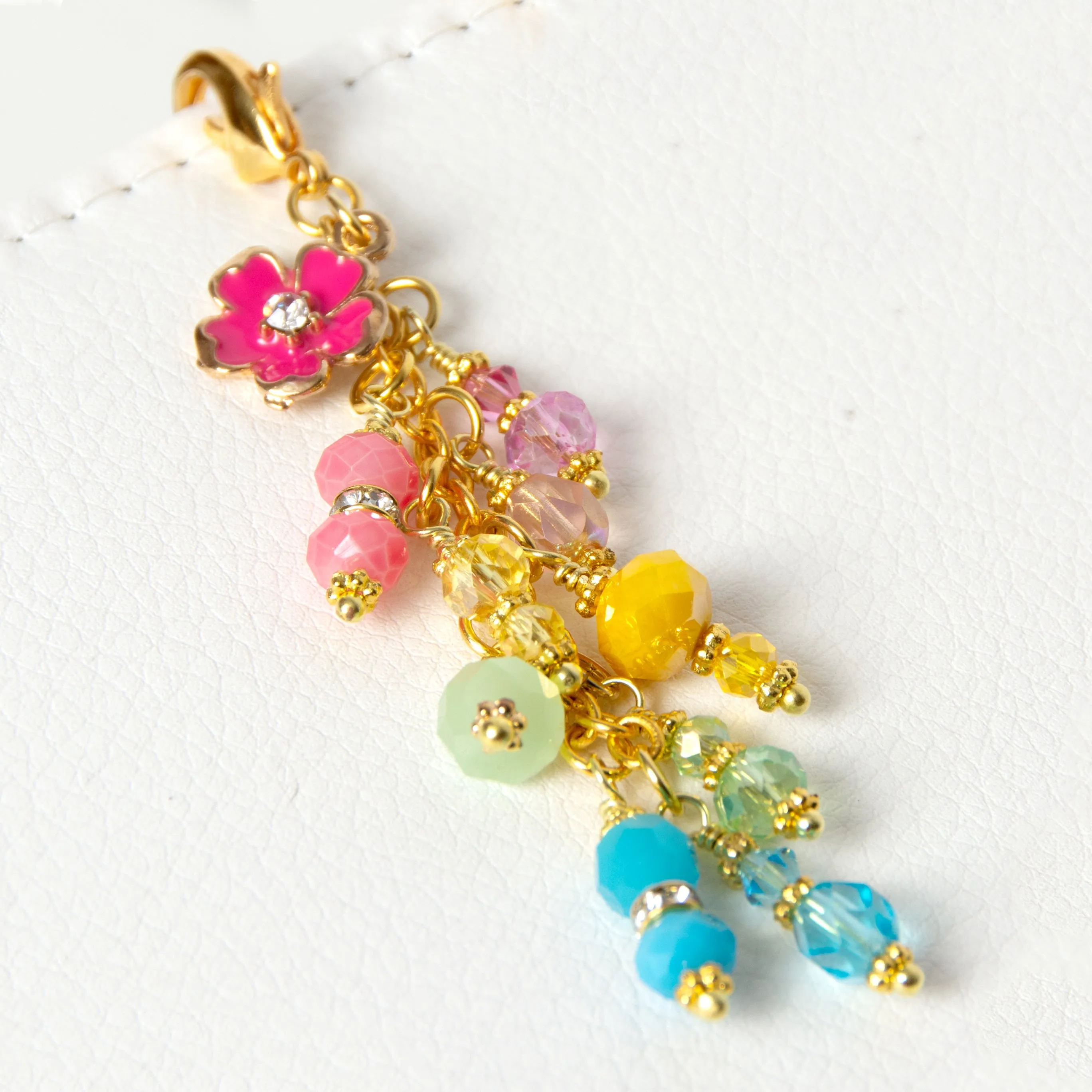 Pink Rhinestone Flower Planner Charm with Rainbow Dangle