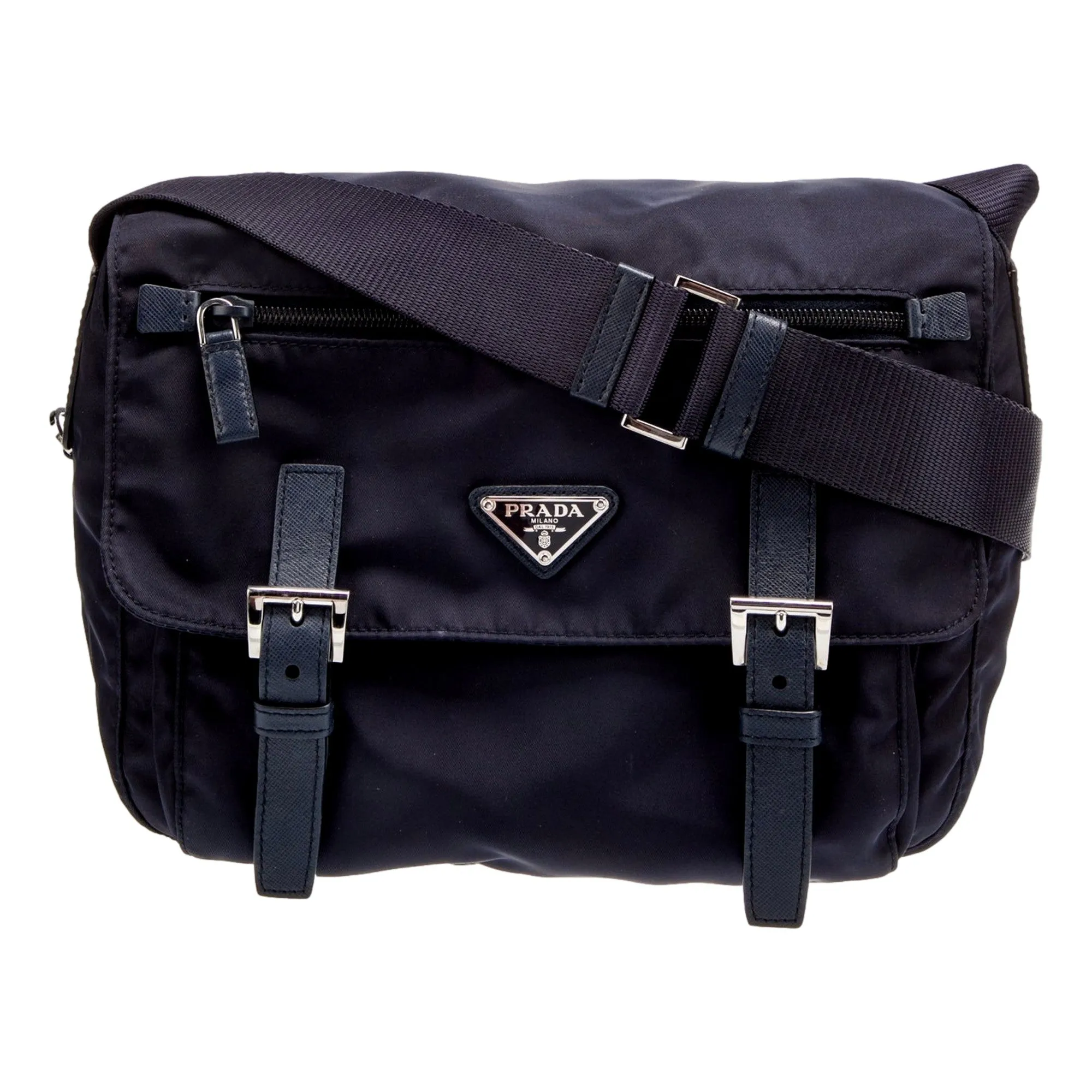 Prada Double Buckle Flap Messenger Bag Tessuto Nylon Large Navy Blue