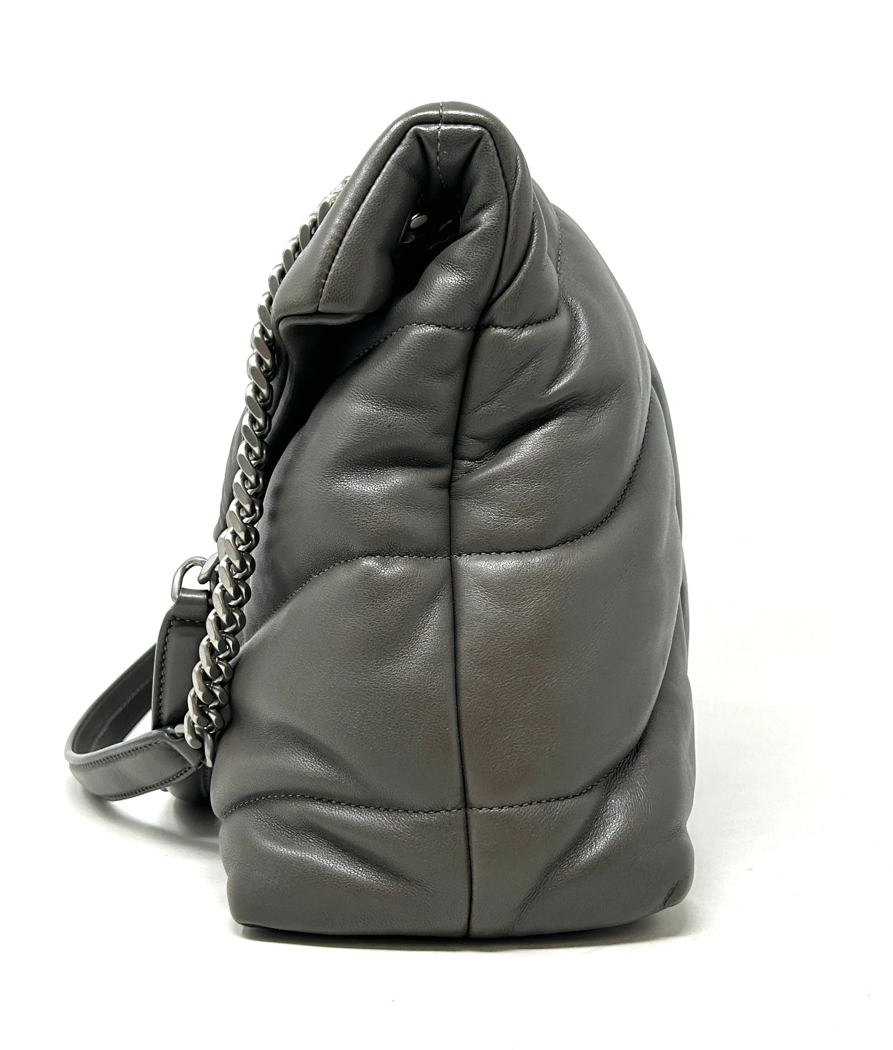 Saint Laurent Puffer Medium Quilted Earth Grey Leather Shoulder Bag