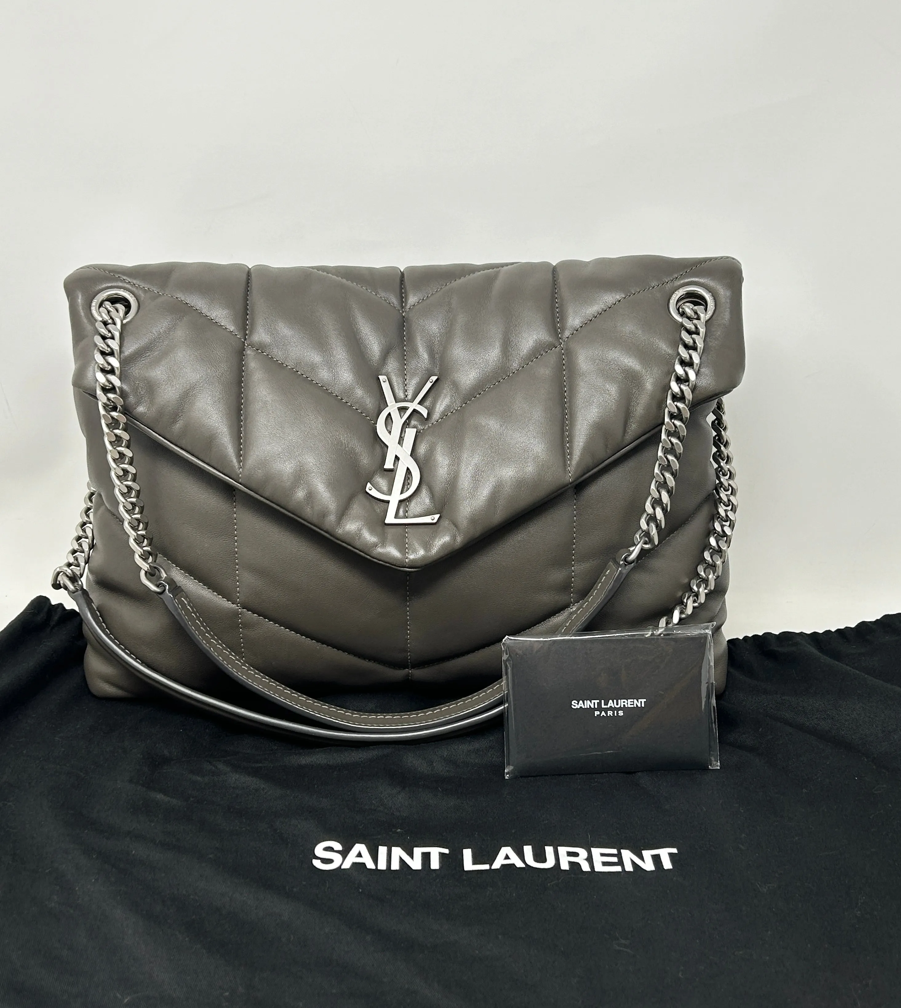 Saint Laurent Puffer Medium Quilted Earth Grey Leather Shoulder Bag