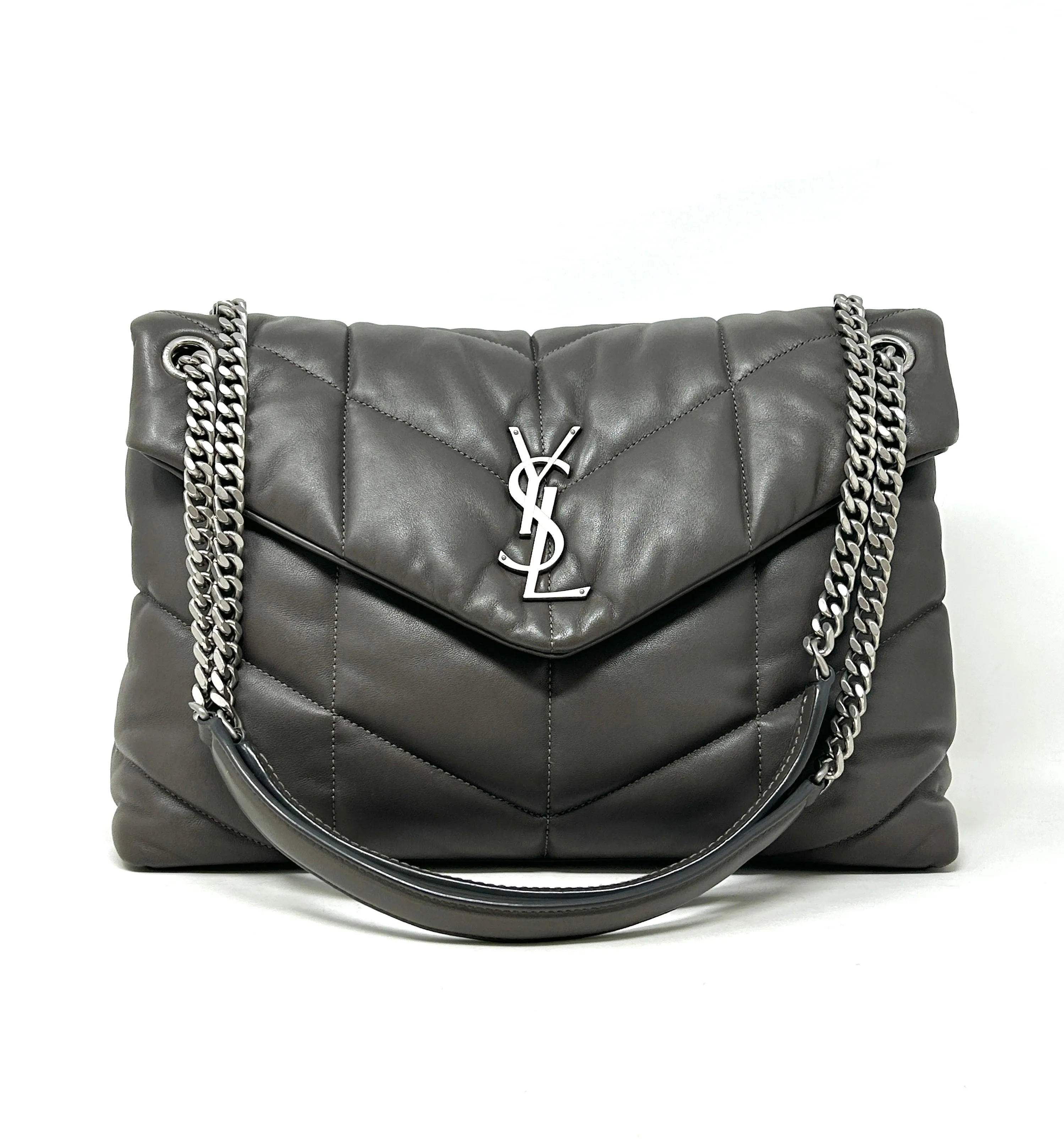 Saint Laurent Puffer Medium Quilted Earth Grey Leather Shoulder Bag