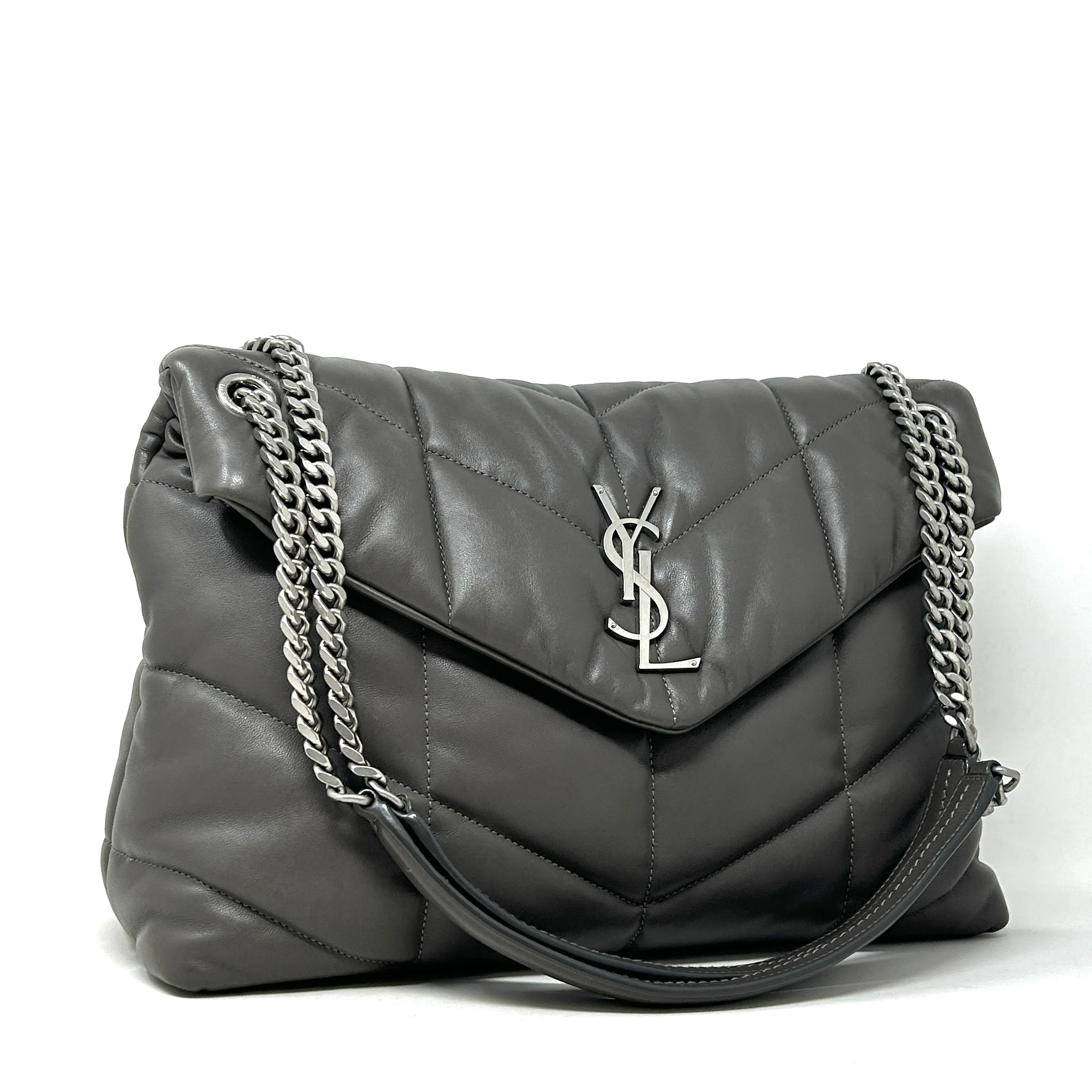 Saint Laurent Puffer Medium Quilted Earth Grey Leather Shoulder Bag